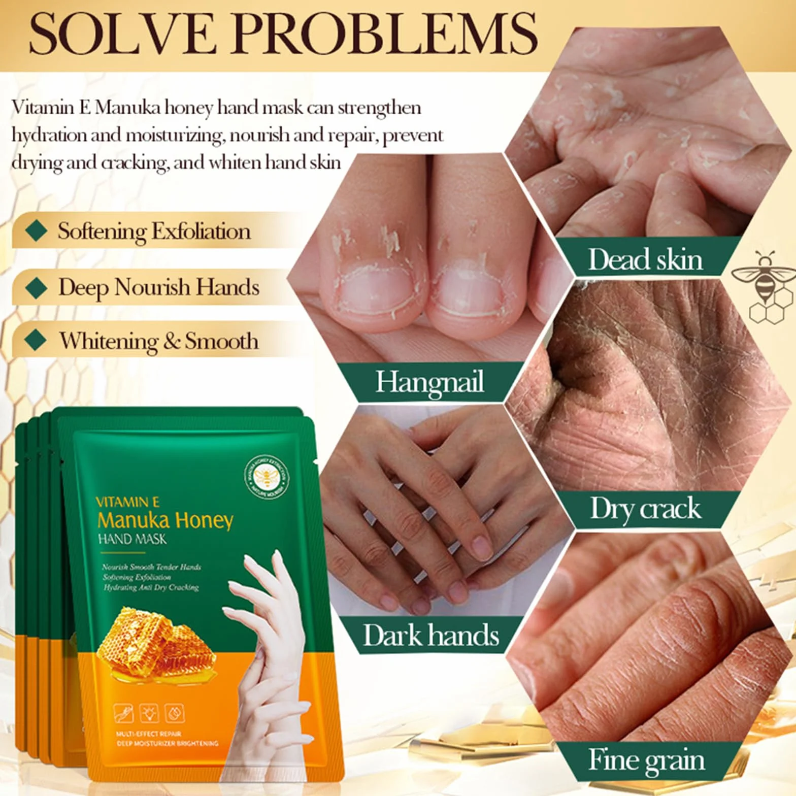 Masque Exfoliant Au Miel Pour Mains, 5 Pièces Gants Nourrissants Peau Sèche