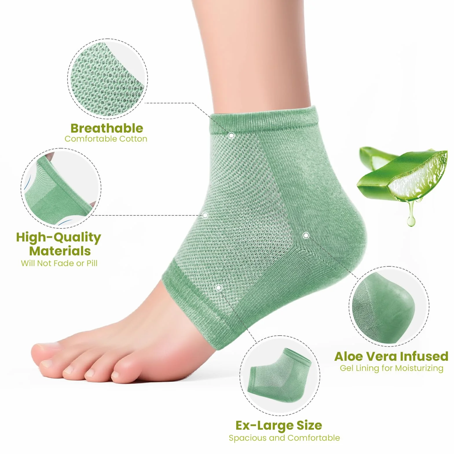 Chaussettes Hydratantes Réutilisables Bukihome, Chaussettes en Gel sans Orteils pour Talons Secs et Crevassés, Vert