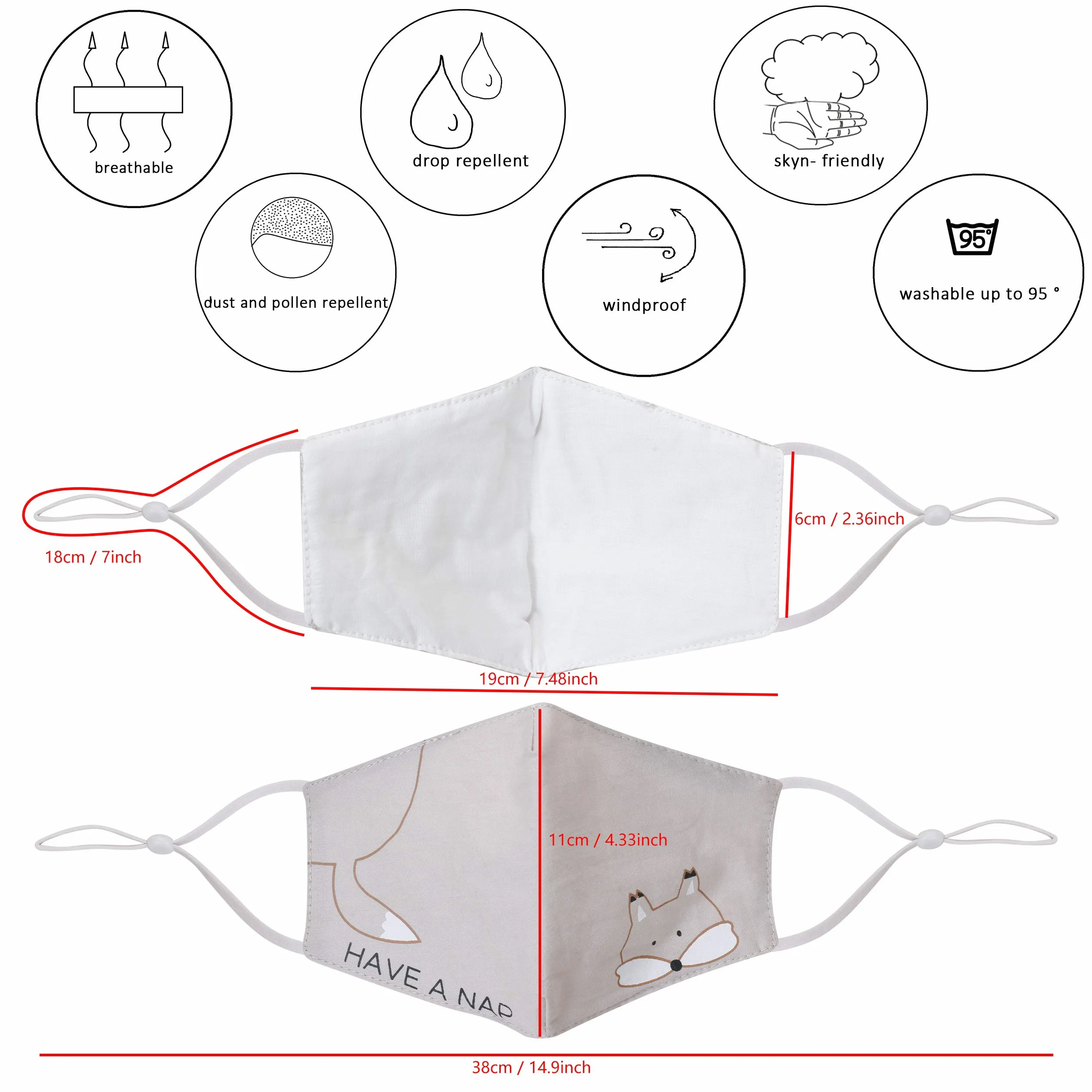 Masques Lavables pour Enfants 5 Pièces, Couvrant Bouche et Nez, Sangle Élastique Réglable