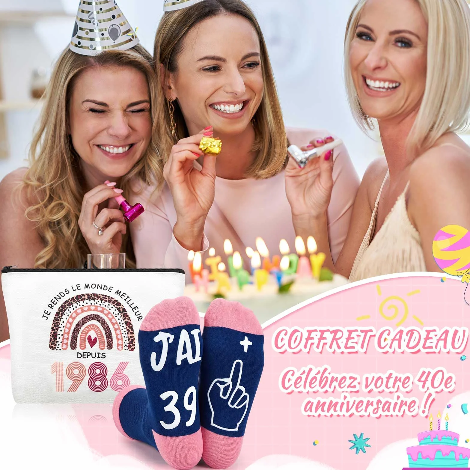 Coffret Cadeau Anniversaire Femme 40 Ans 1986 Trousse Maquillage Chaussettes Porte-Clés Boîte Idée Cadeau Originale Humour Femme Née en 1986 Set Accessoire 40e Anniversaire