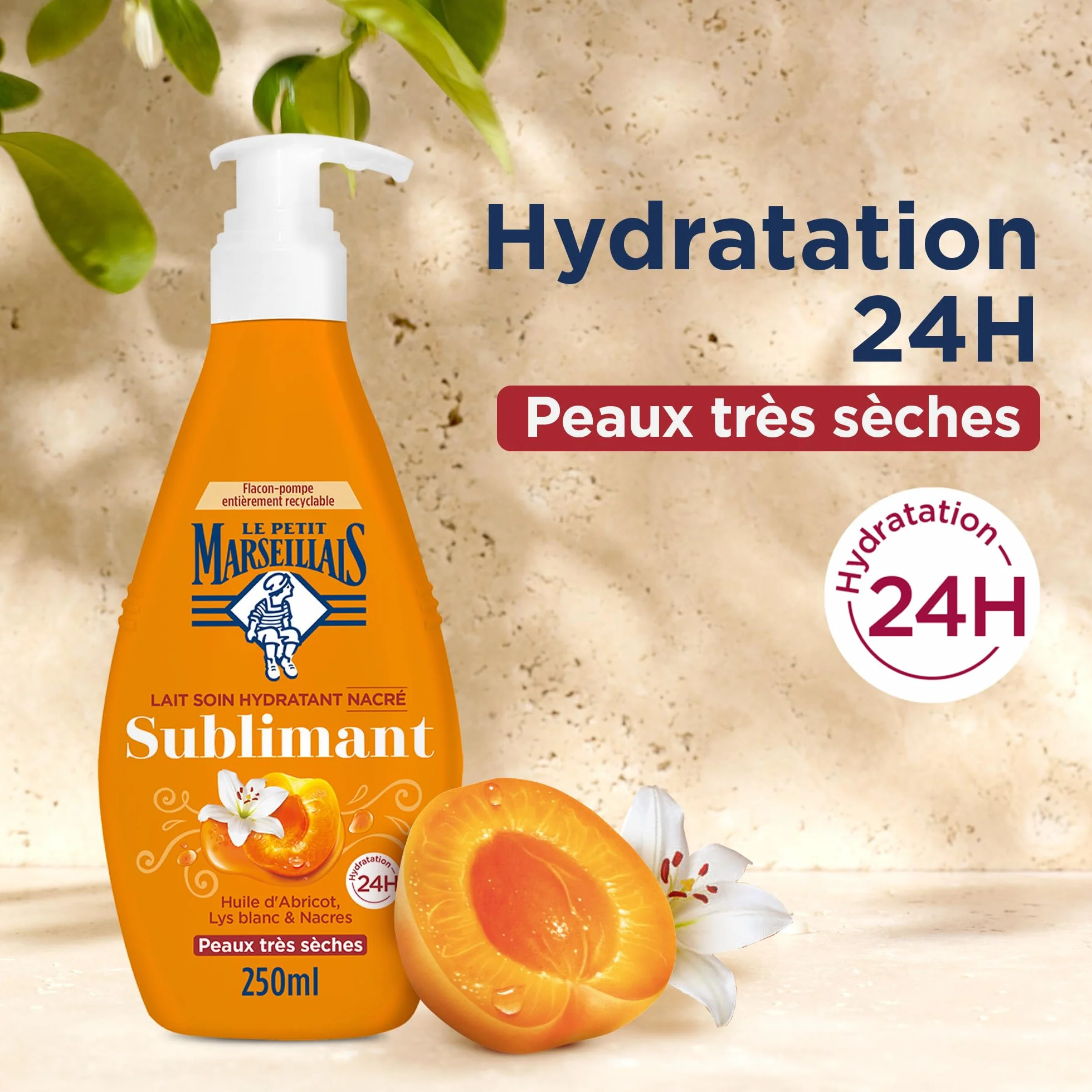 Le Petit Marseillais Lait Soin Hydratant Nacré Sublimant Corps 250 ml Peaux Très Sèches Confort 24H Huile d'Abricot Lys Blanc