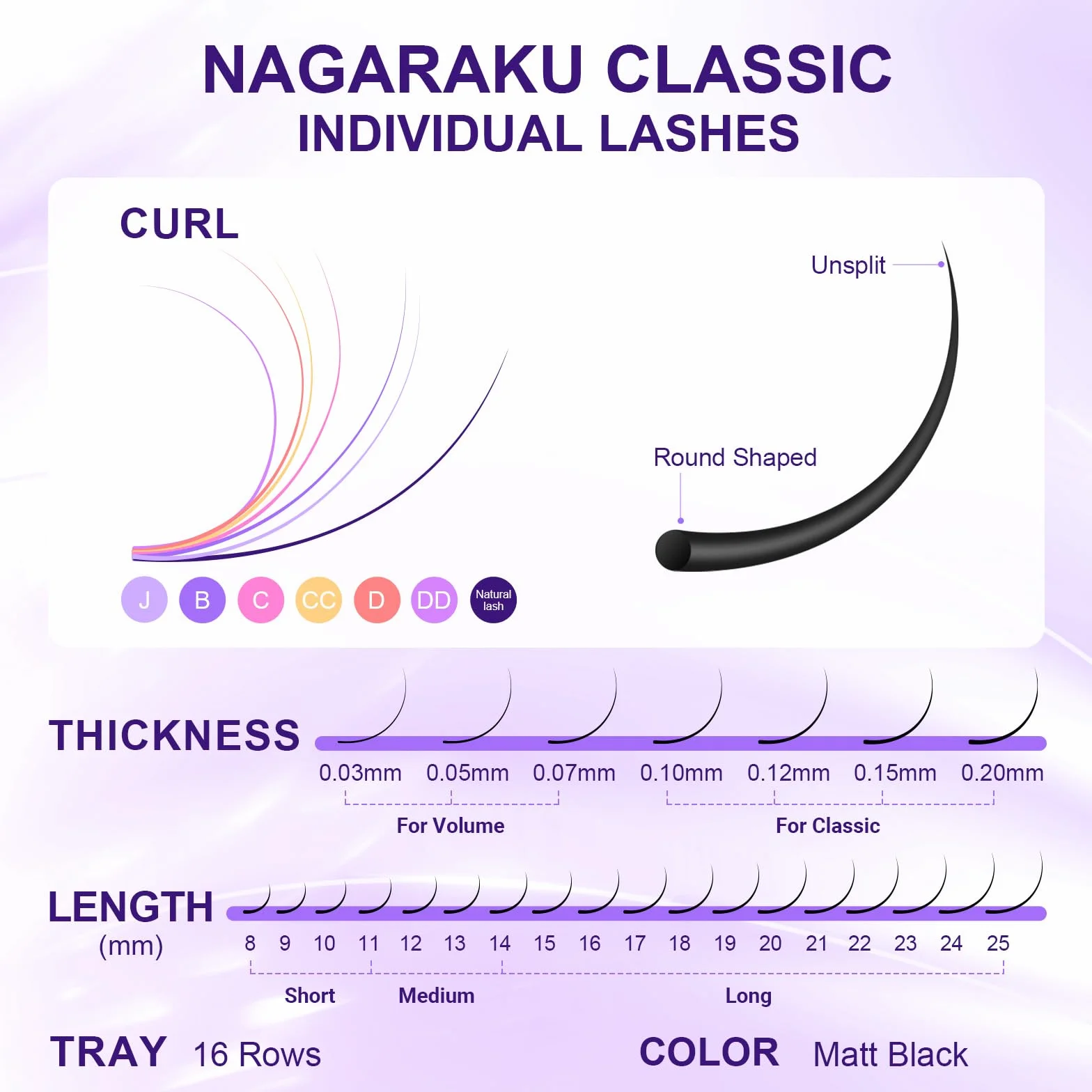 NAGARAKU Extension de Cils Individuel Volume Unique Doux Naturels Fins Russe Classique 1:1 Eyelash Boucle Stable Léger Lash Noir 16 Rangées 0.15mm C Curl 7-15mm