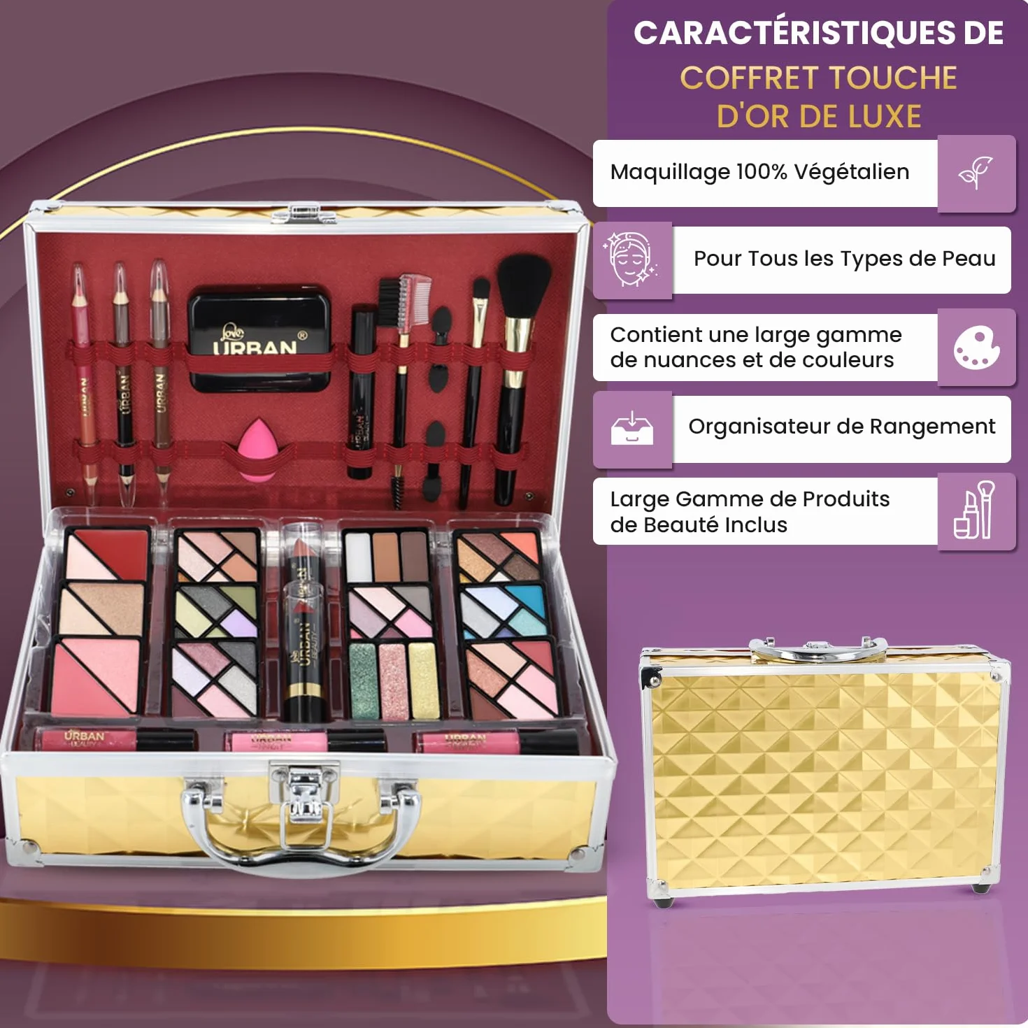 Trousse de Maquillage Végétalienne Love Urban Beauty Luxe Gold Touch Coffret Cadeau de Voyage 73 Pièces