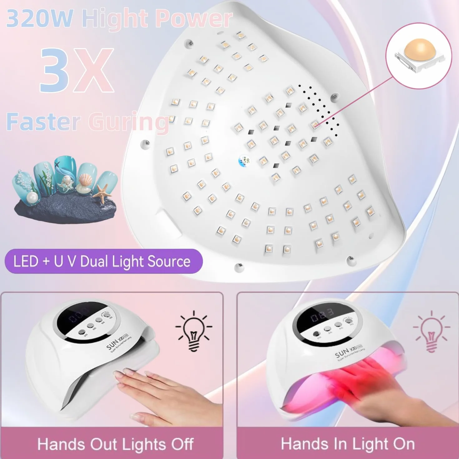 Lampe UV LED Ongles 320W 72 LEDs, Séchoir Professionnel avec Capteur Automatique et 4 Minuteries, Idéale pour Ongles des Mains et Pieds