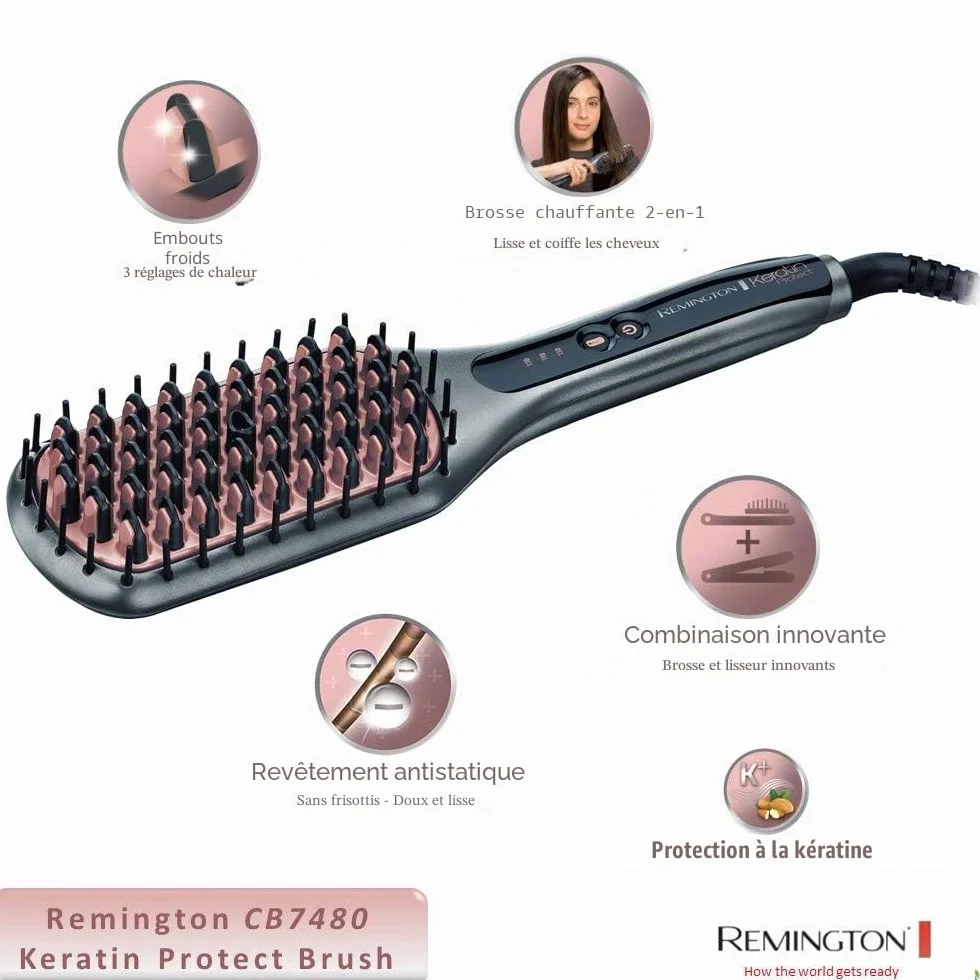 Remington Brosse Lissante Ionique 2en1 Lisseur & Brosse à Cheveux Keratin Protect Céramique 150-230° Fer à lisser CB7480