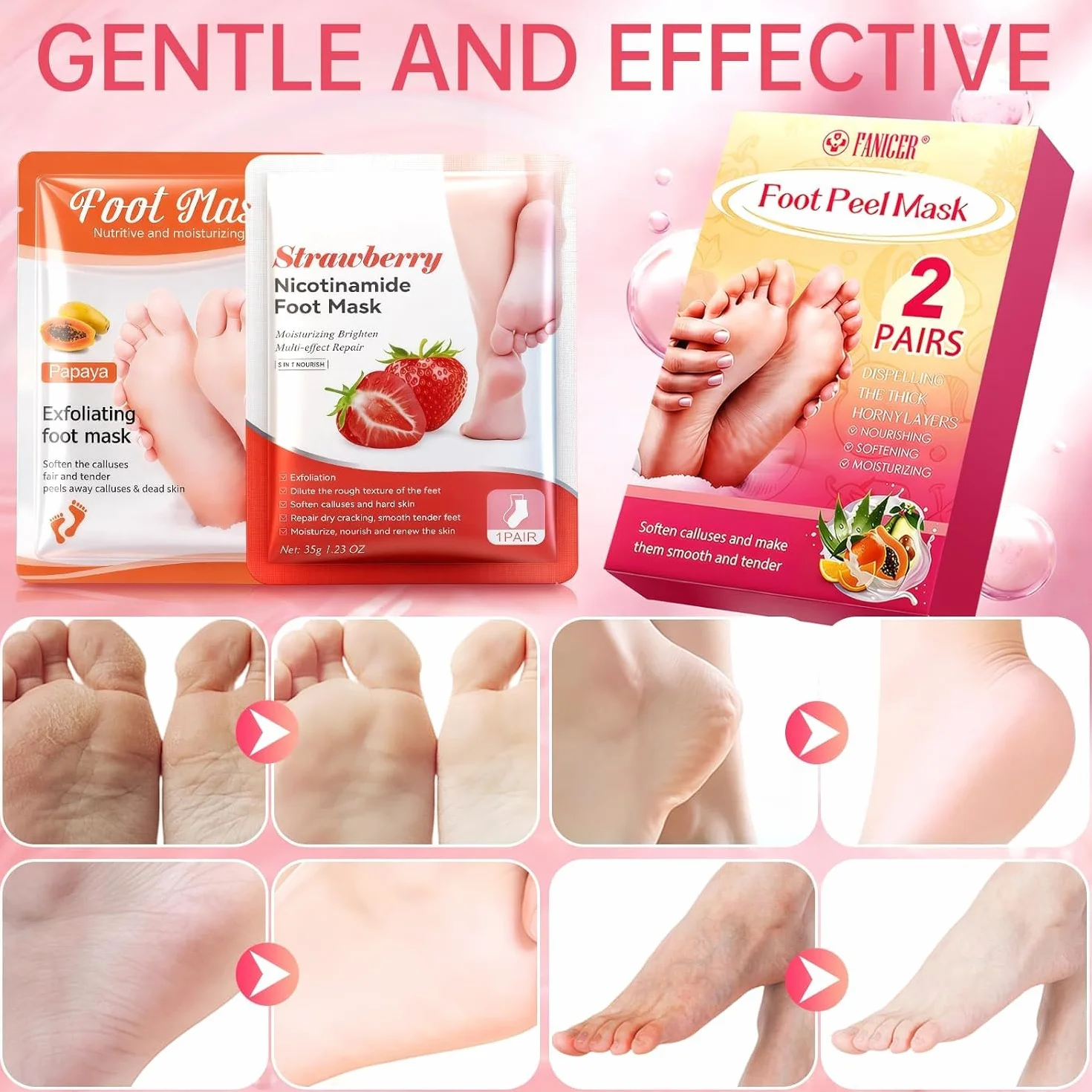 Masque Pied Exfoliant 2 Paires, Chaussette Exfoliante Pieds Secs Abîmés, Hydratation Profonde Fraise Papaye