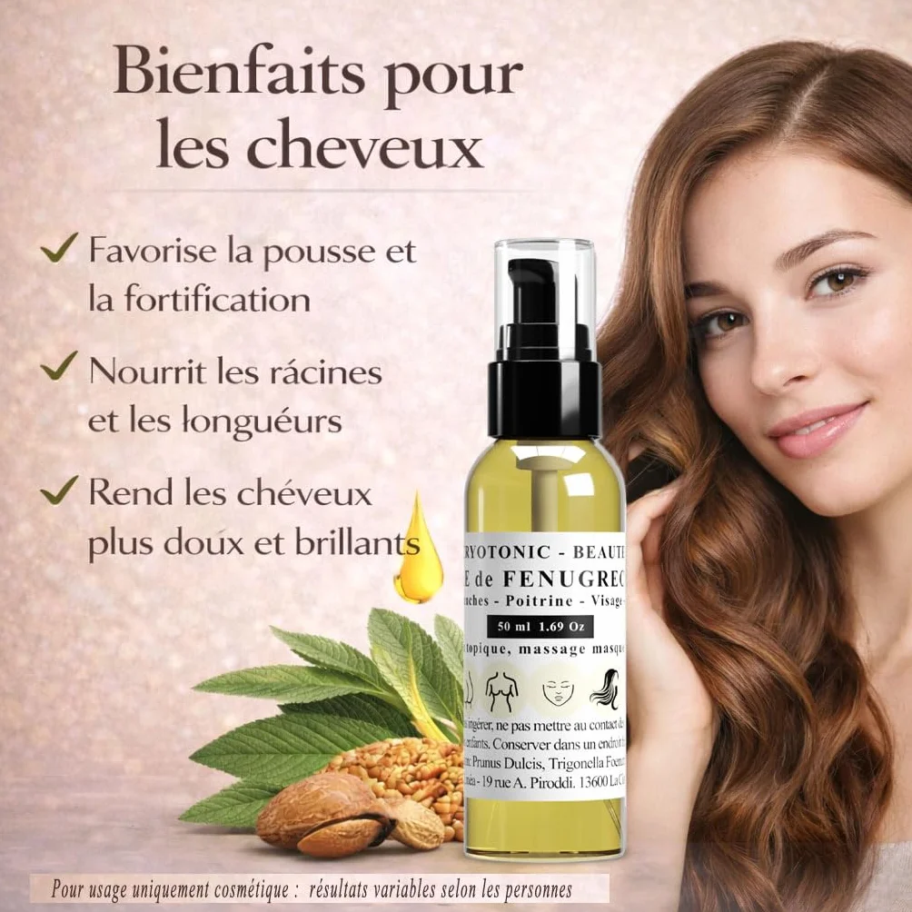 Huile de Fenugrec pour Poitrine, Fesses, Hanches, Cheveux | 100% naturelle, bio (50 ml)