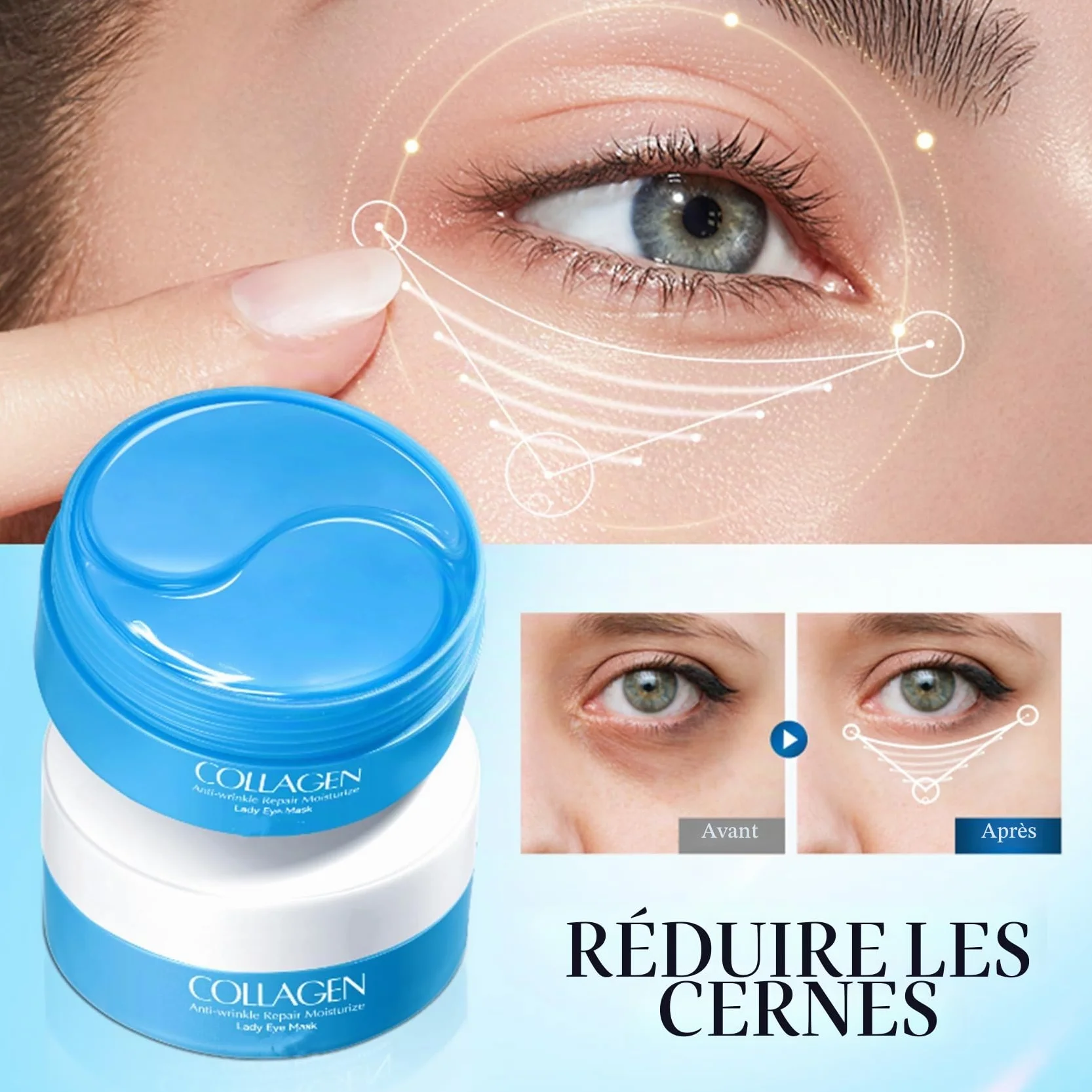 Patch Yeux Collagene Acide Hyaluronique 60 Pcs Anti Cernes Anti-Rides Masque Hydratant Contour des Yeux