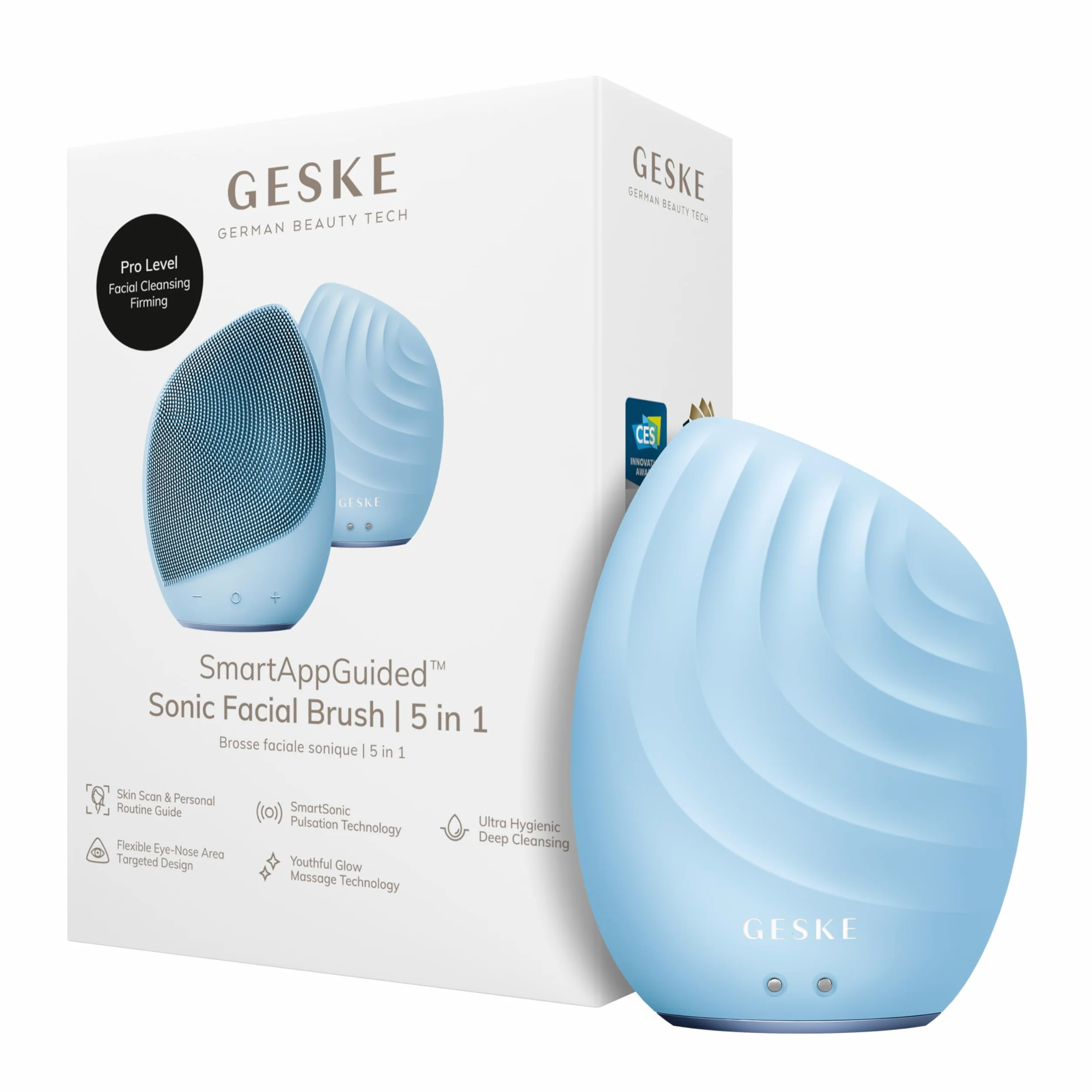 GESKE | Brosse faciale SmartAppGuided™ 5 in 1 | Brosse nettoyante visage électrique | Brosse silicone souple | Nettoyage professionnel visage | Appareil de nettoyage visage | Masseur facial