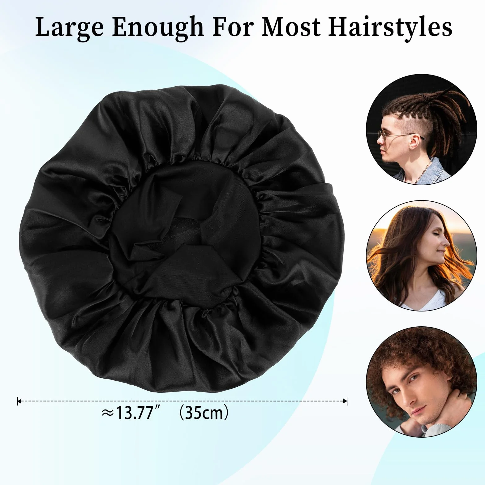 Bonnet en satin pour dormir double couche réversible noir large élastique 1 pièce