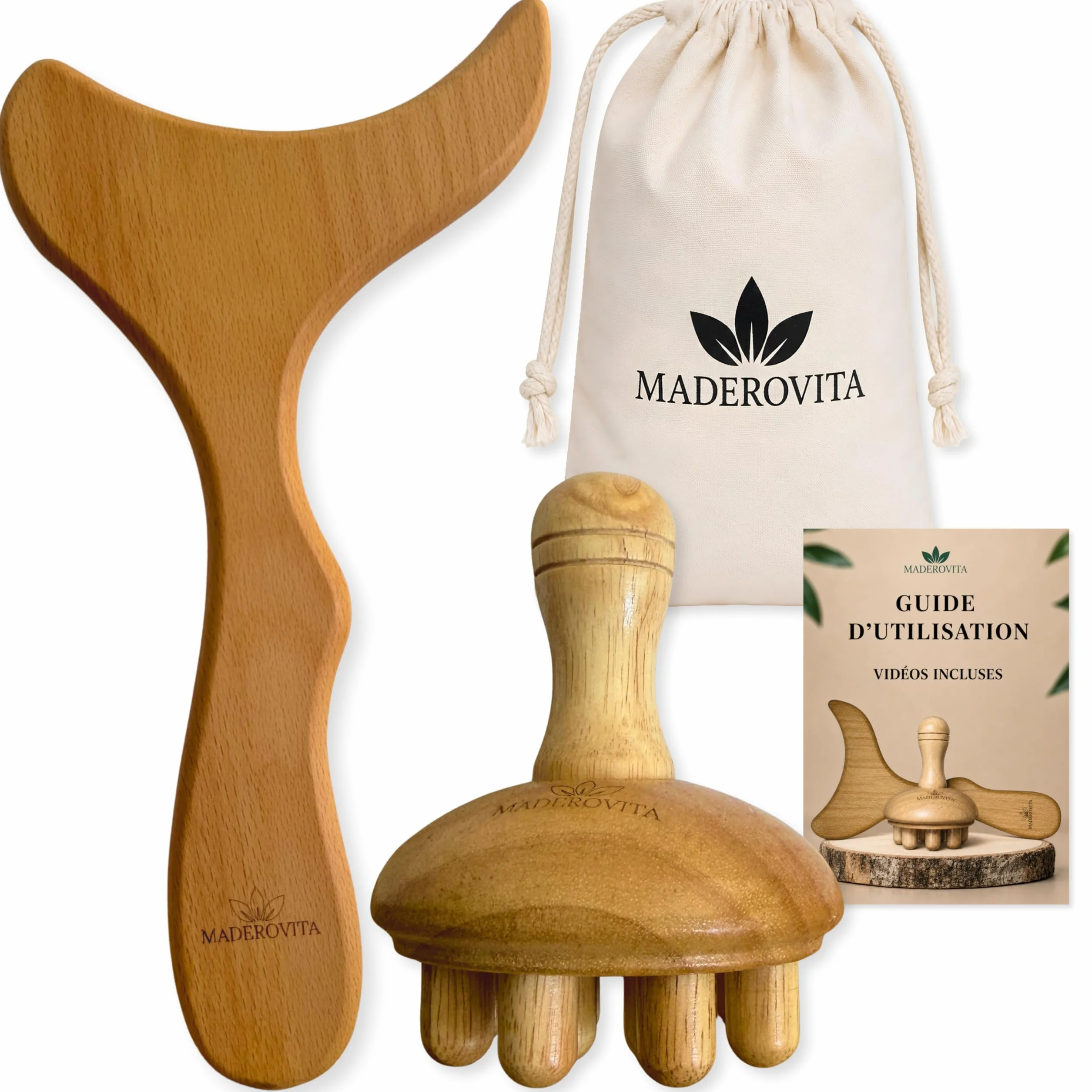 Kit Madérothérapie – Massage Anti-Cellulite & Drainage Lymphatique – Bois Naturel – Raffermissant, Relaxant & Récupération Musculaire – Planche Gua Sha & Champignon – Guide + Vidéos