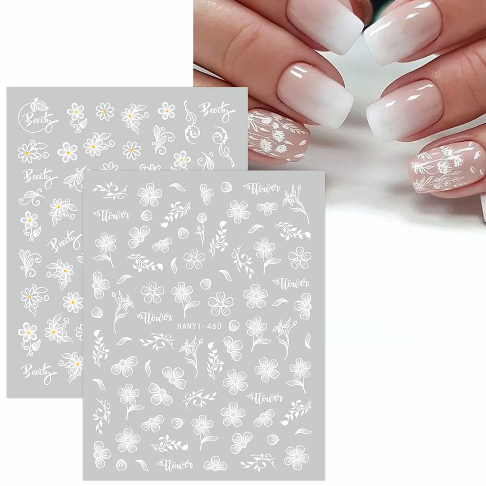 Stickers Ongles Fleur Blanc Printemps Été Nail Art Autocollants Autoadhésif Manucure 12 Feuilles