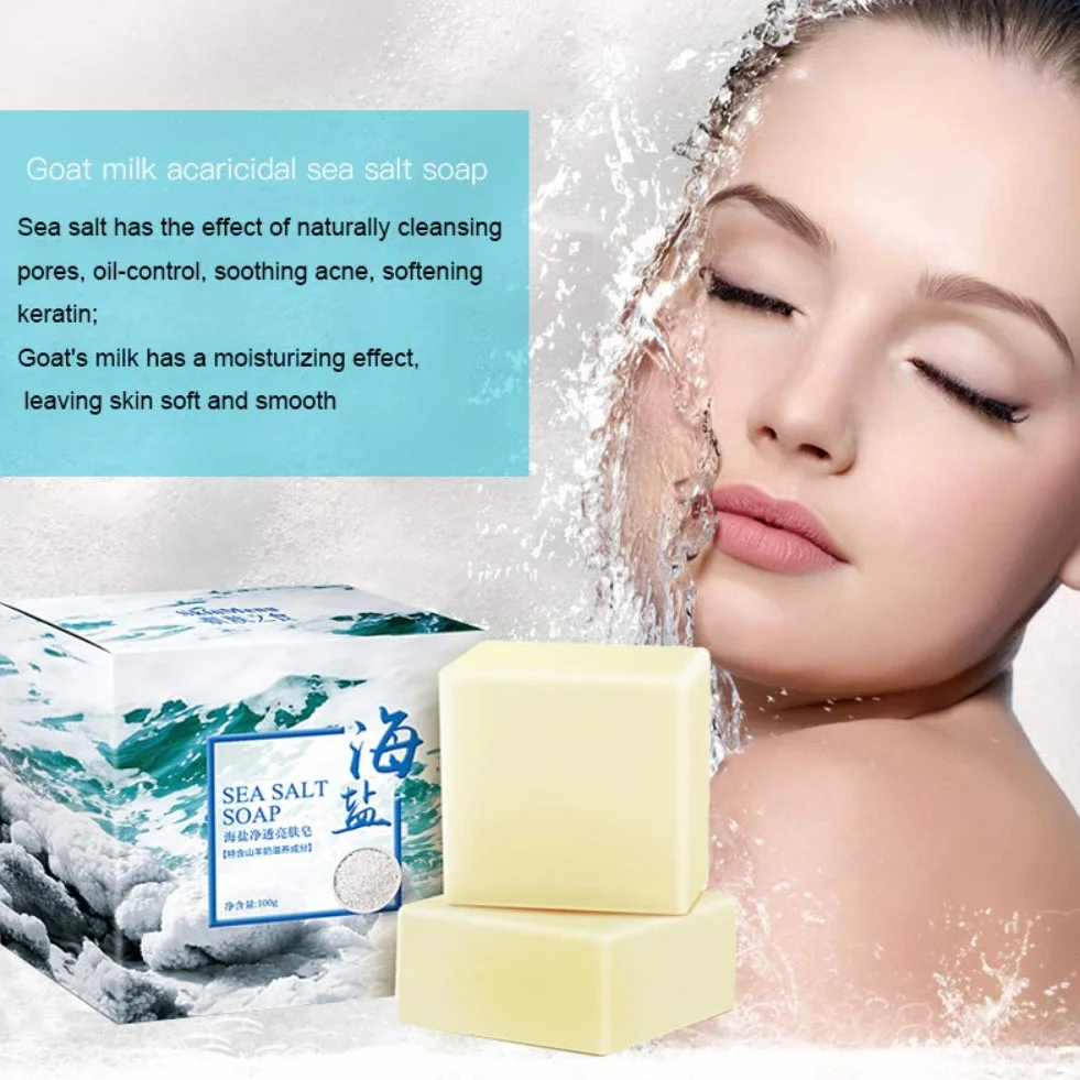 Savon au sel de mer naturel au lait de chèvre, nettoyage hydratant visage peaux sèches et grasses 100G
