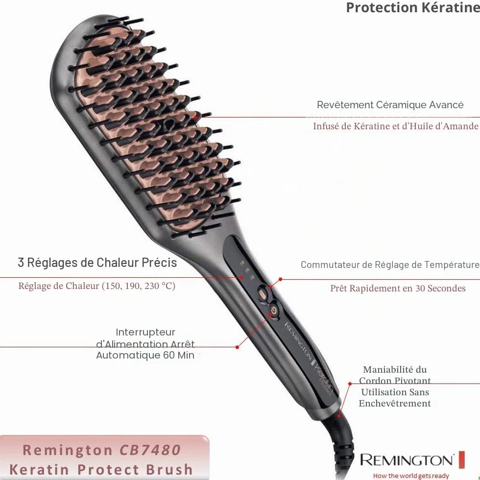 Remington Brosse Lissante Ionique 2en1 Lisseur & Brosse à Cheveux Keratin Protect Céramique 150-230° Fer à lisser CB7480