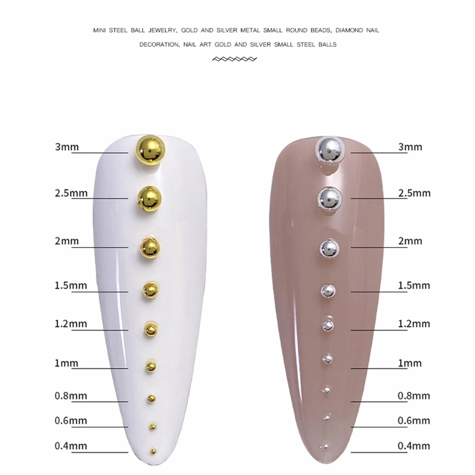 Perles de caviar métal 3D pour ongles Argenté doré 0,4 mm à 3 mm