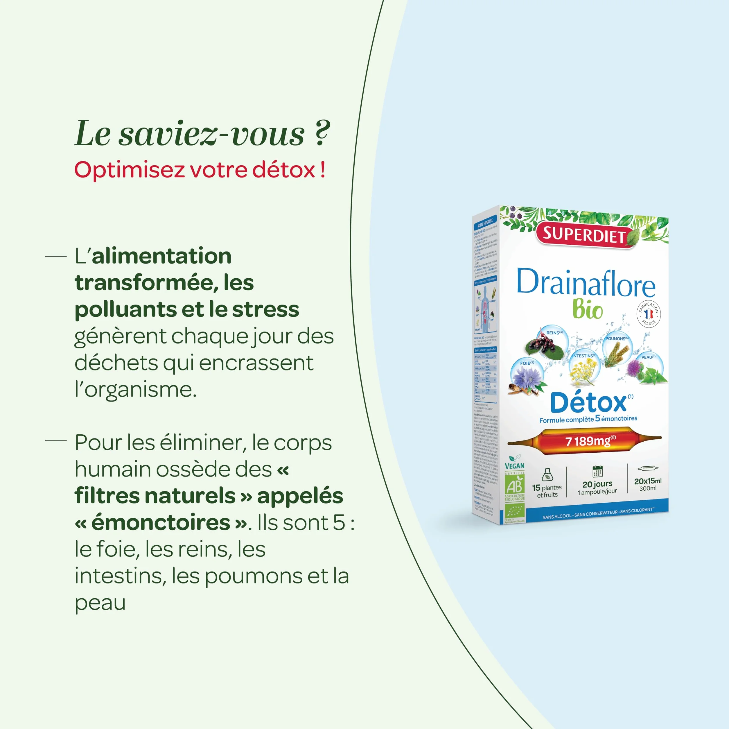 SUPERDIET-DRAINAFLORE BIO Drainage Détox 5 émonctoires 20 ampoules 15 ml Fabrication française