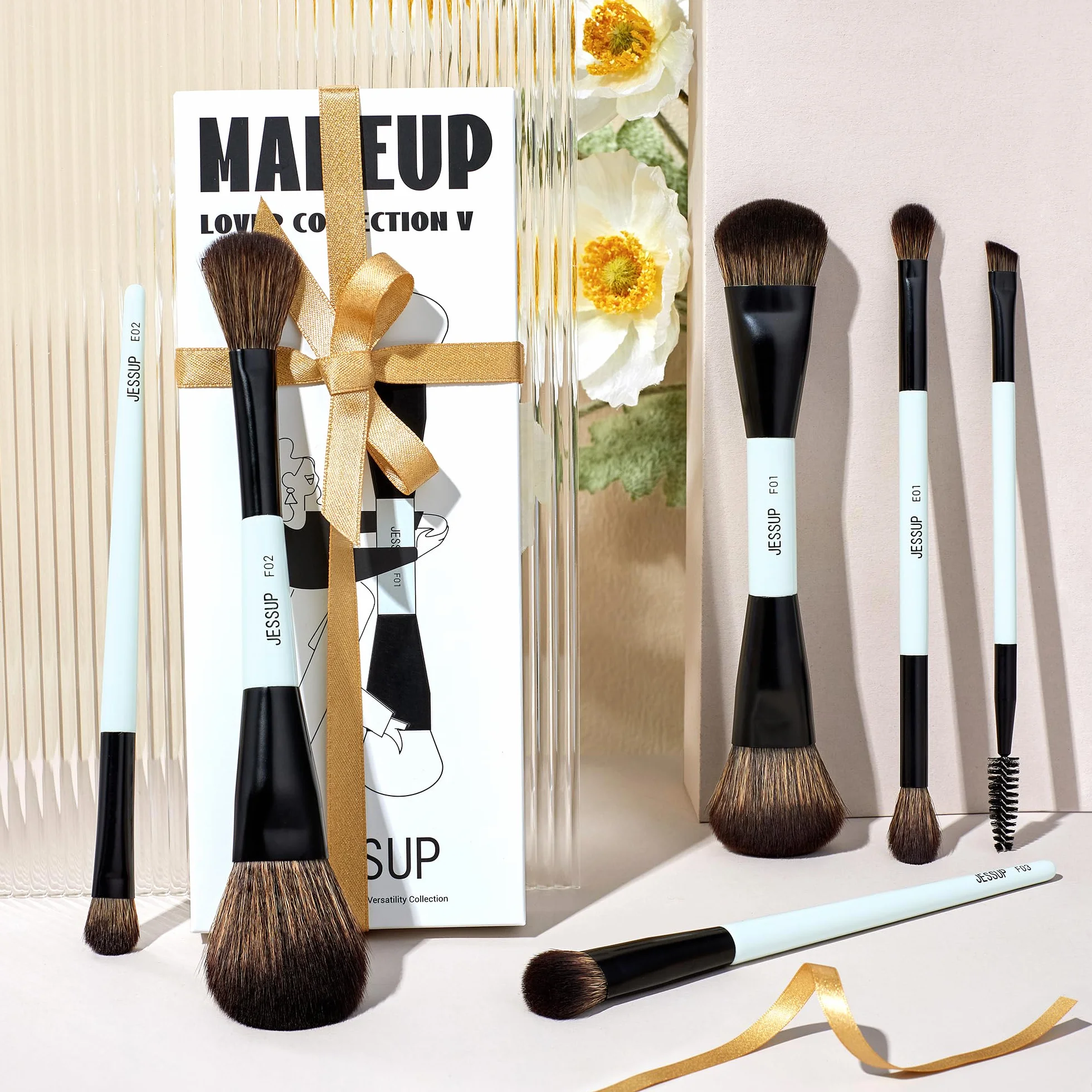 Jessup Pinceaux Maquillages Lot de 6pcs Double Embout Pinceau de Maquillage Visage et Yeux Pinceau Fond de Teint,Fard à Paupières,Contour,Rougir,Souligner,Mélange,Sourcil Brosse,Cyan Vif T501