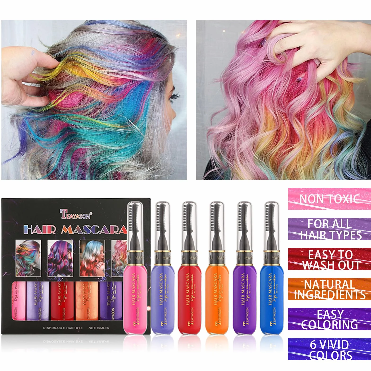 Mascara Colorant Pour Cheveux Temporaire 6 Couleurs Lavable Arc-en-ciel