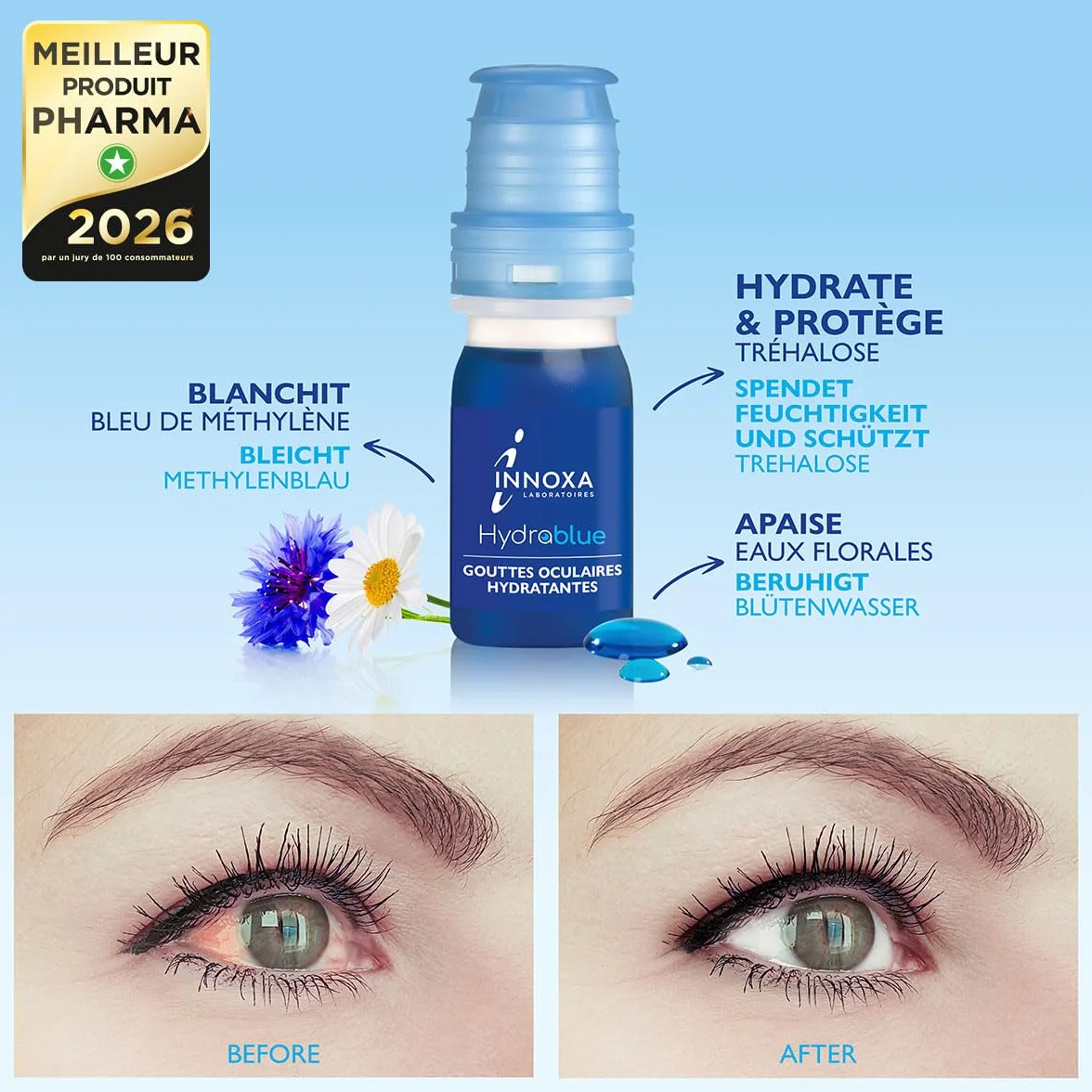 INNOXA Laboratoires Gouttes Formule Bleue Blanchit le Blanc de l'Œil Hydrate les Yeux Rouges et Fatigués Formule Originale Fabriquée en France Sans conservateurs