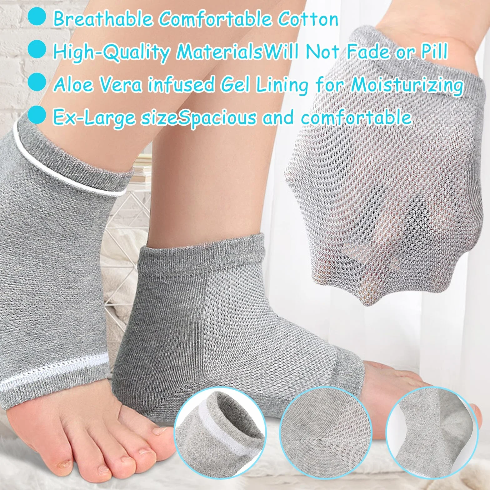 Chaussettes Hydratantes Réutilisables Talon en Gel Ventilé à Bout Ouvert Silicone Souple pour Pieds Secs et Craquelés