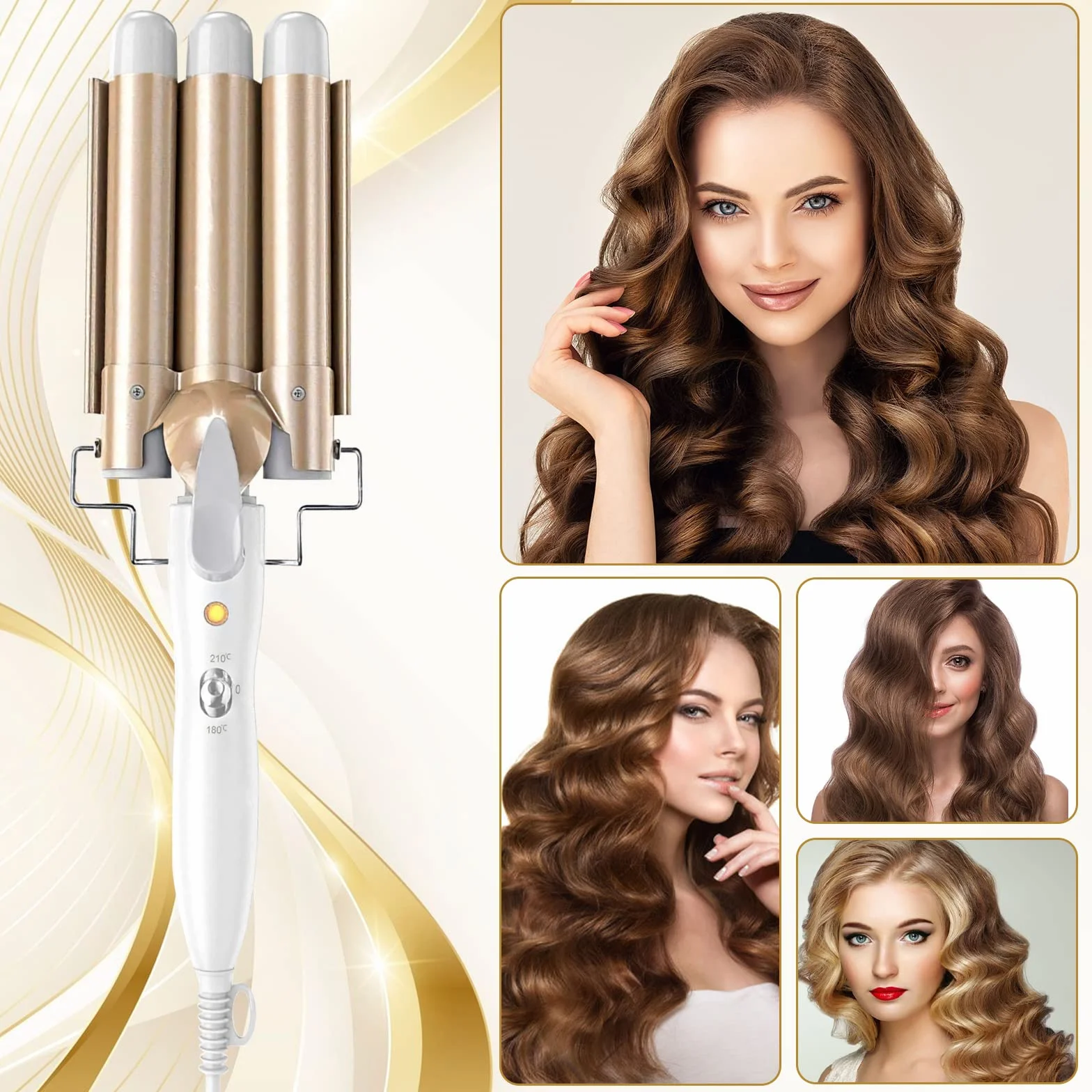 Fer à Boucler,22mm Fer à onduler 3Tete,En Céramique Cheveux Bouclés Barils Cheveux Wavy,2 Réglages Température,Fer à Friser pour Cheveux Long Courts Avec 2clips et un gant(Blanc)