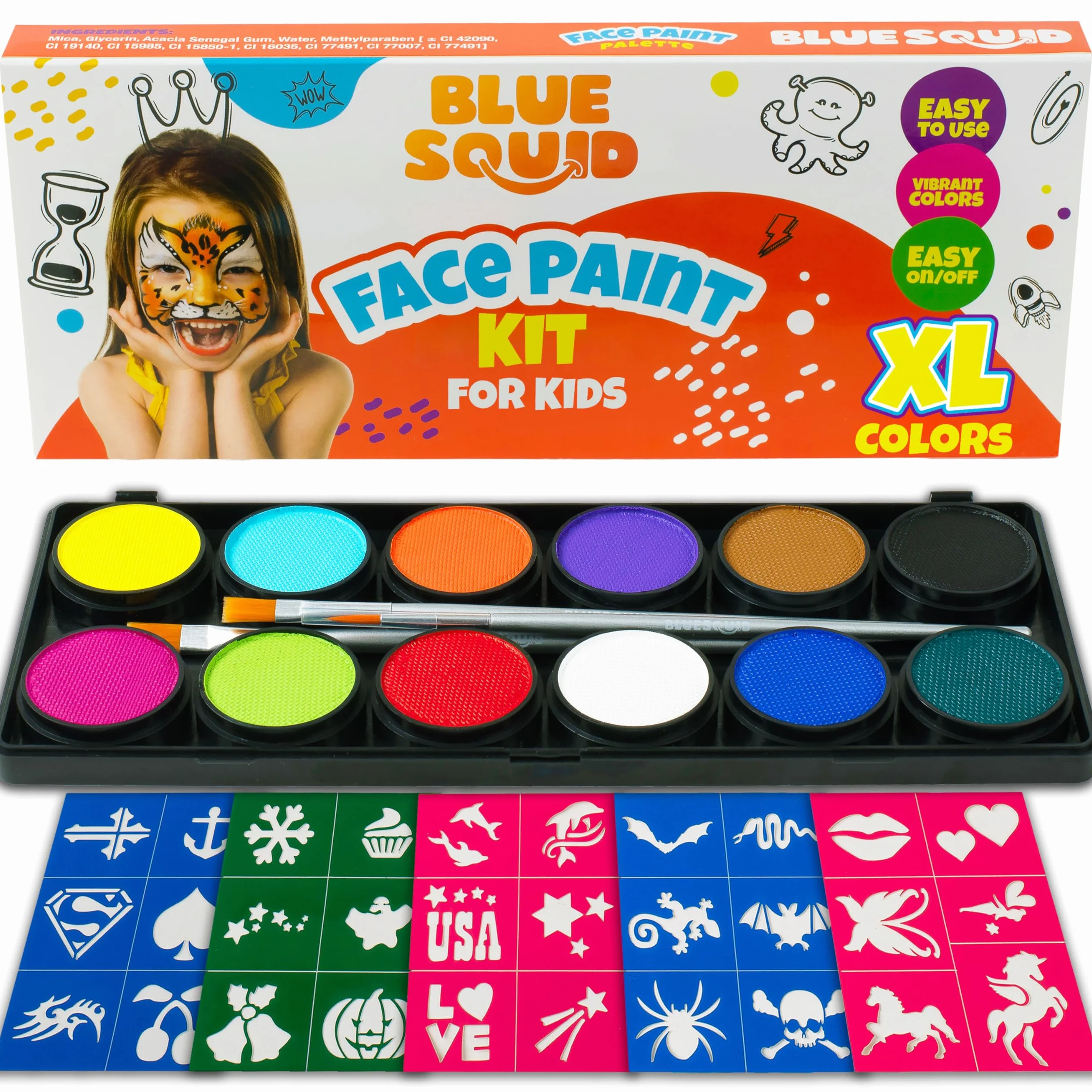 Palette de Maquillage Enfant Visage, Blue Squid, Palette de 12 couleurs, 30+3 pochoirs ,120ml de peintures corporelles de qualité professionnelle, pinceaux, peinture de maquillage pour Halloween