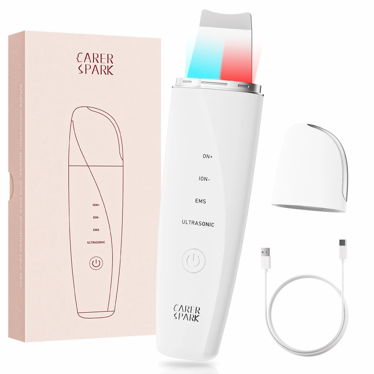 CARER SPARK Épurateur de Peau Ultrasonique - Spatule Visage à Ultrasons EMS Ions Lumière Rouge et Bleue, 4 Modes pour Nettoyage en Profondeur Élimination des Points Noirs Exfoliation Douce
