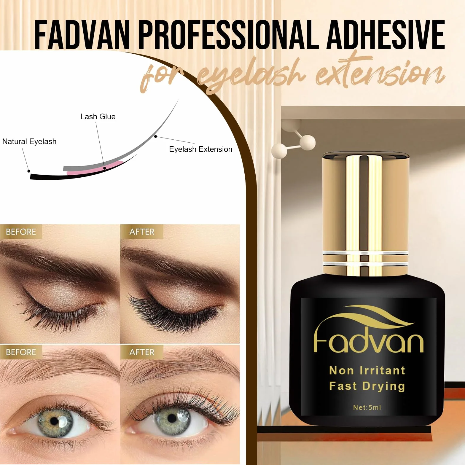 FADVAN Colle Extension de Cils Adhésif Hypoallergénique Séchage Rapide 5ML