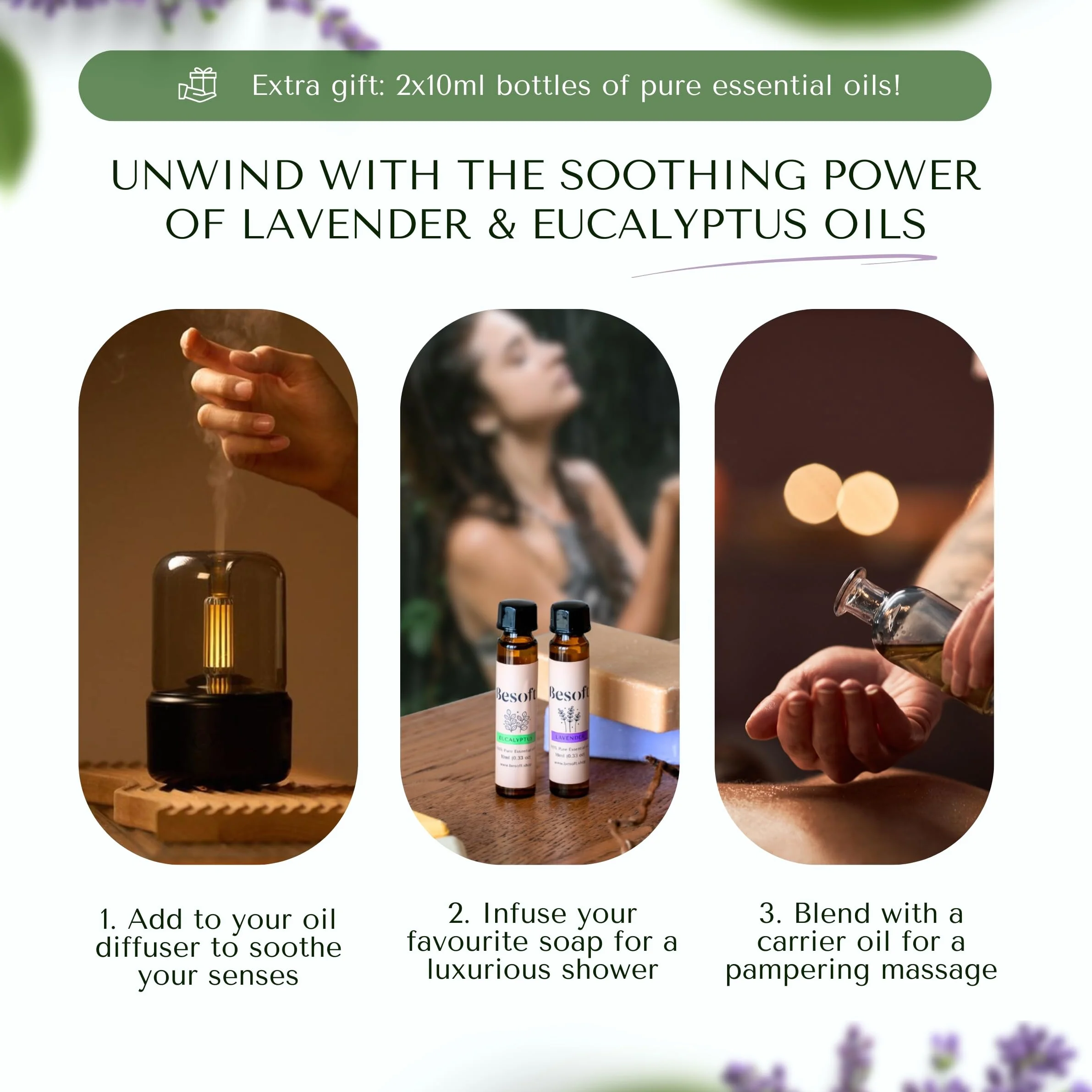Besoft Ensemble d'aromathérapie pour douche – 8 bombes de douche avec 2 huiles essentielles de lavande et d'eucalyptus | Cadeaux pour elle et cadeau de relaxation pour femme | Coffret cadeau