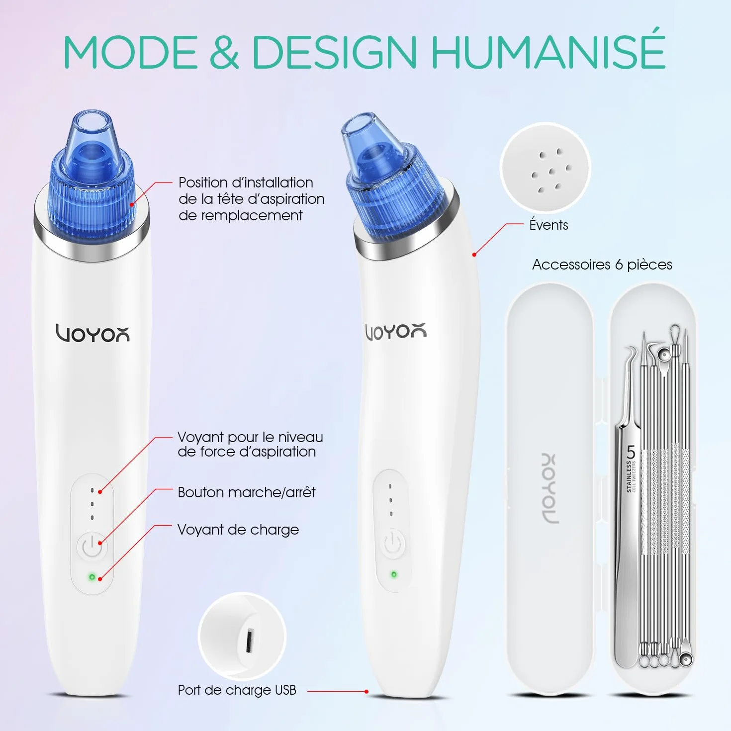 VOYOR 6 en 1 Aspirateur Point Noirs Professionnel Extracteur de Point Noir Electrique Tire Comedons Nettoyant de Pores Soin Visage Femme Blackhead Removal, 6 Sondes et 3 Modes, Rechargeable BR410