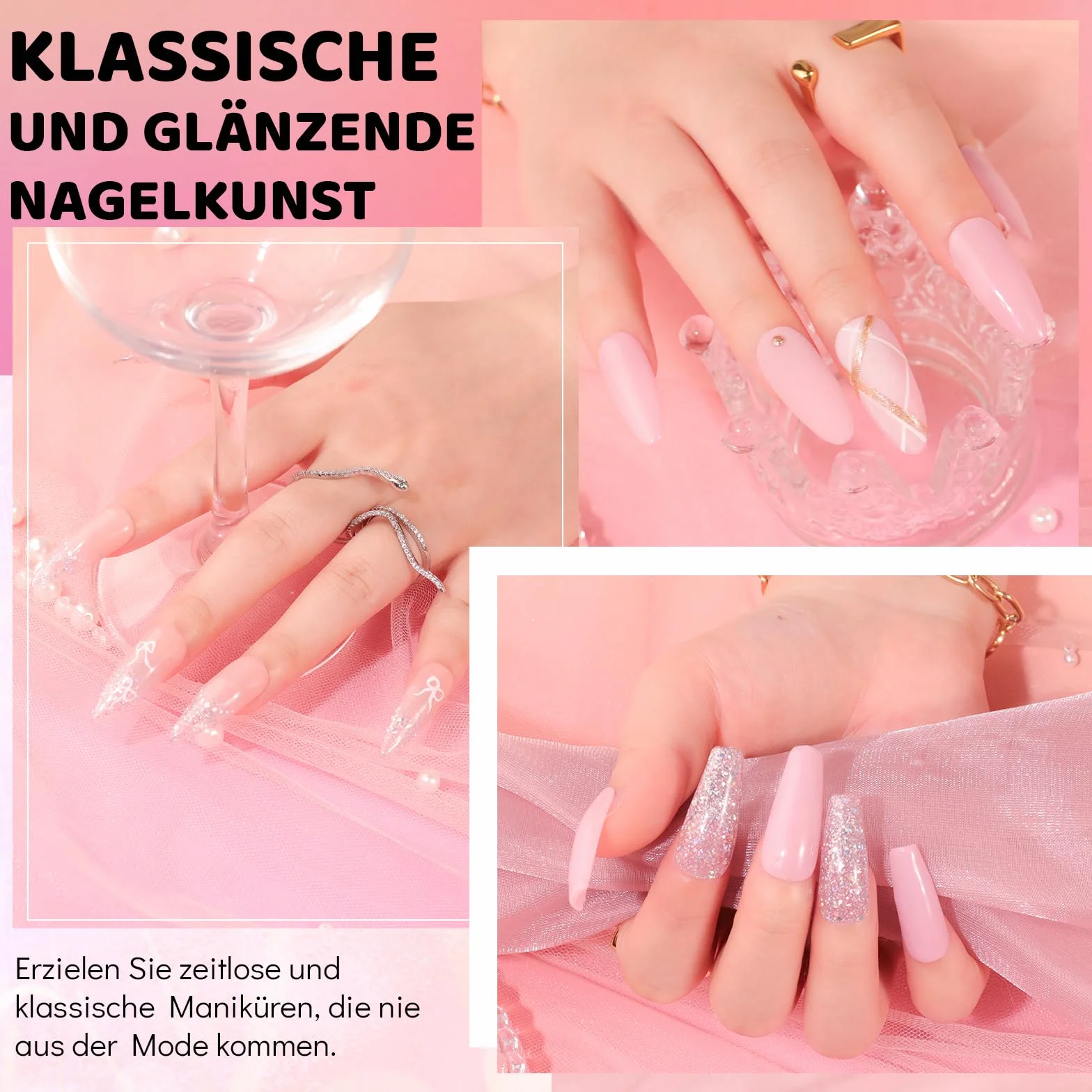 Aokitec Lot de poudres de trempage pour ongles Rose et paillettes avec base liquide