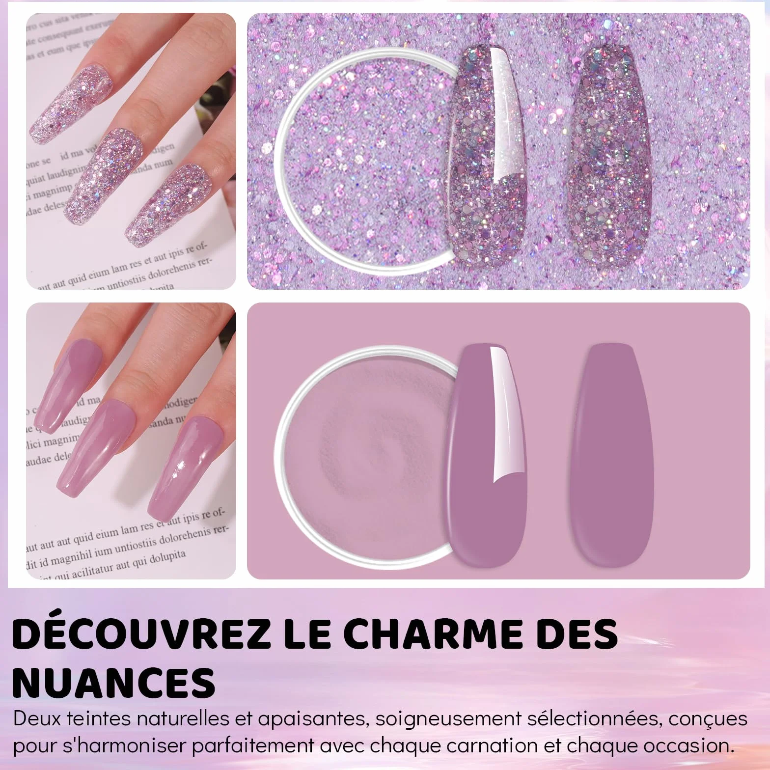 Aokitec Kit de poudre pour ongles en trempage Collection Fêtes violette pailletée liquide trempage pinceau poussière nail art DIY