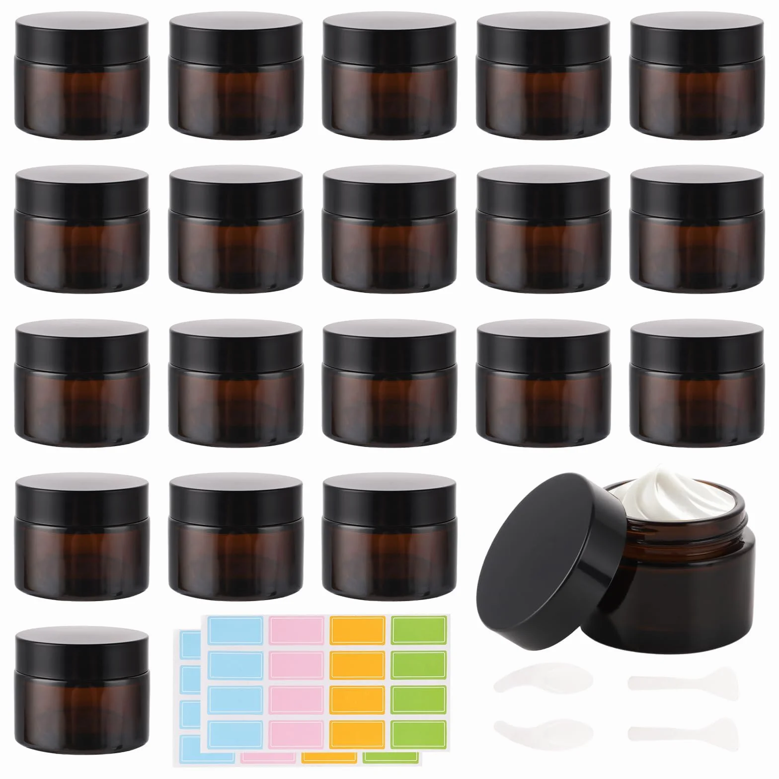 YAYODS Lot de 20 Pot de Crème en Verre Ambré 50ml - Vide et Rechargeable avec Couvercle Noir - Récipient Cosmétique Anti-UV Sans BPA pour Crème, Lotion, Huiles Essentielles - Kit de Voyage avec Étique