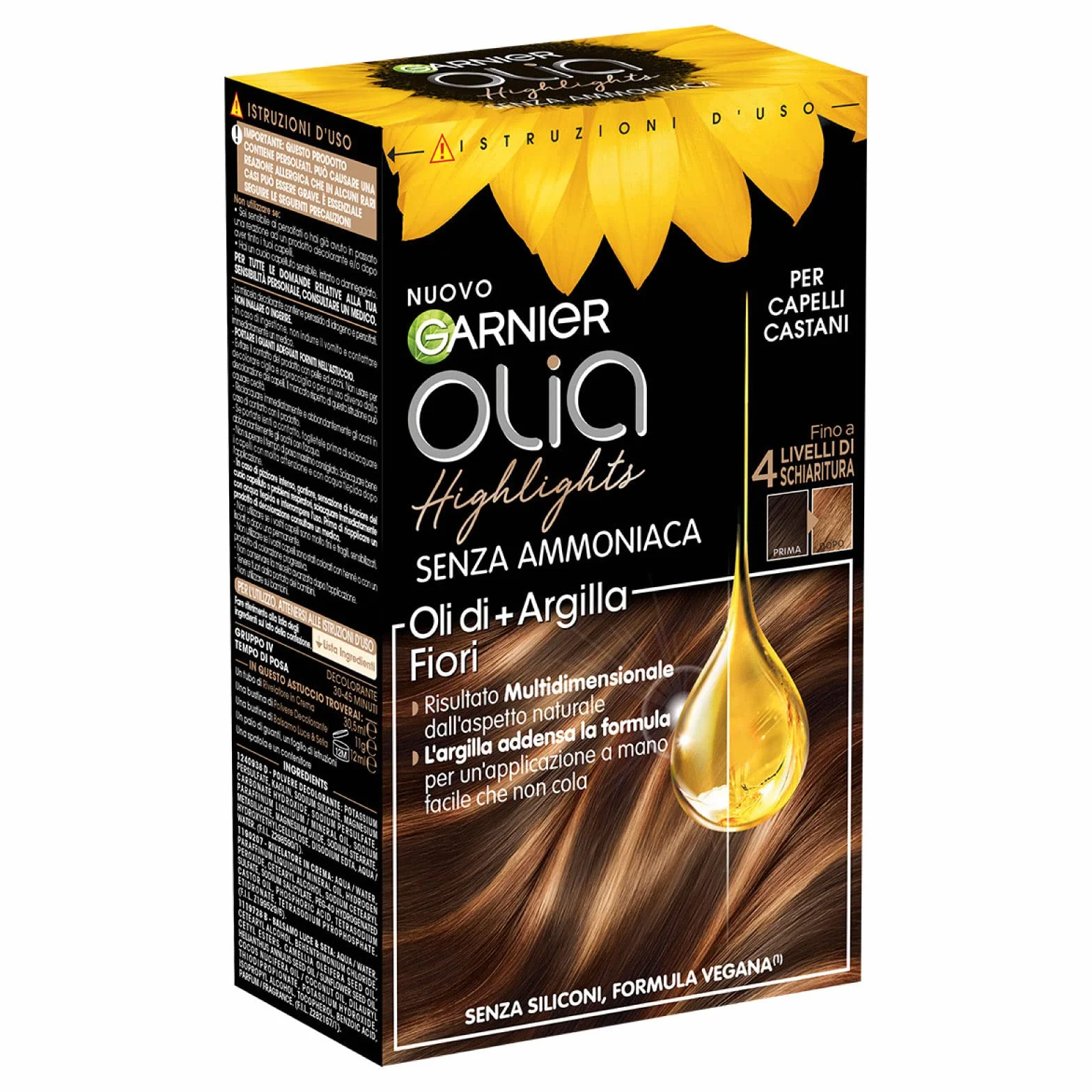 Garnier Olia Highlights, jusqu’à 4 niveaux d’éclaircissement, pour cheveux bruns, formule avec huiles de fleurs + argile, formule vegan, sans ammoniaque