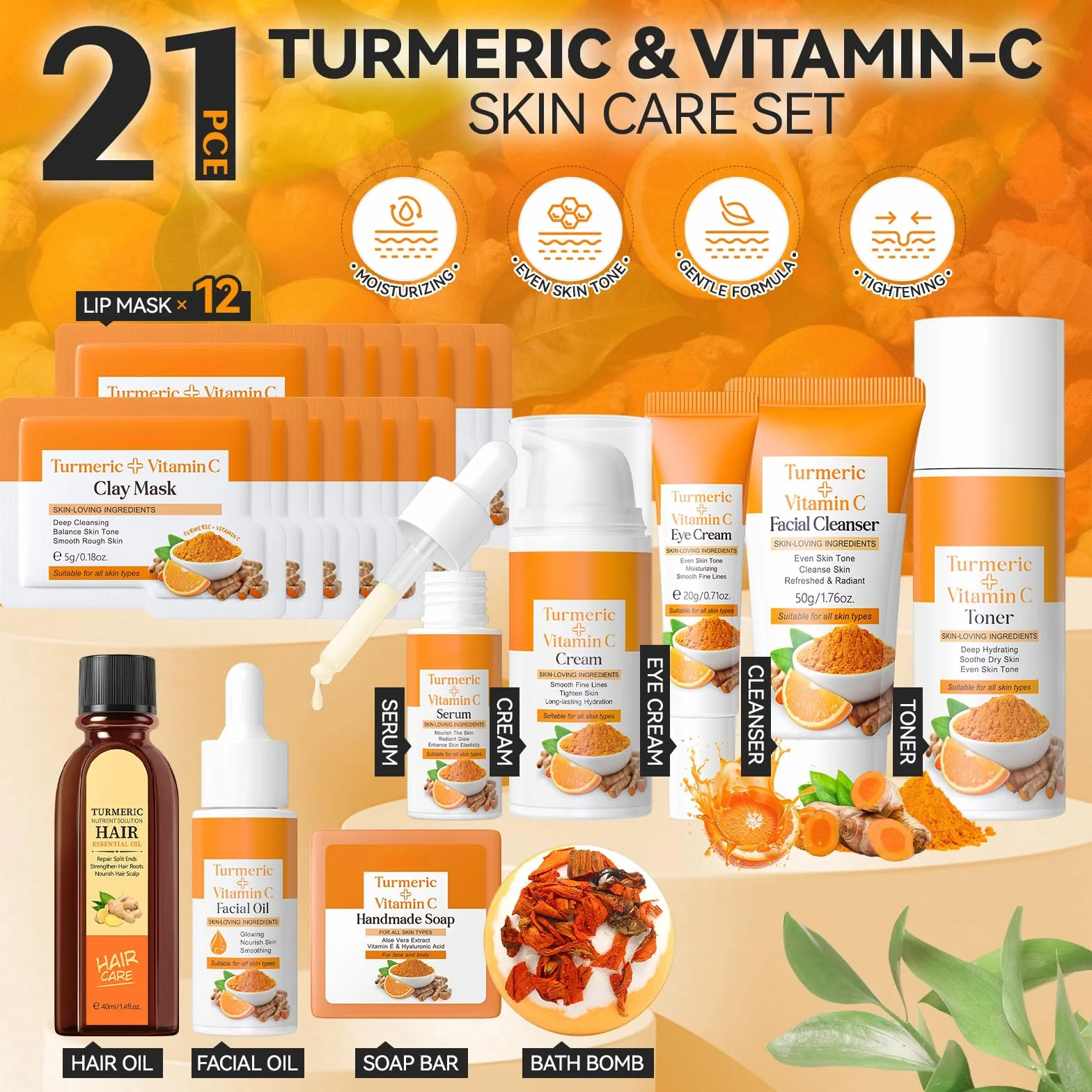 Curcuma & Vitamine C Skincare Set 21 Pièces Coffret Soin Femme