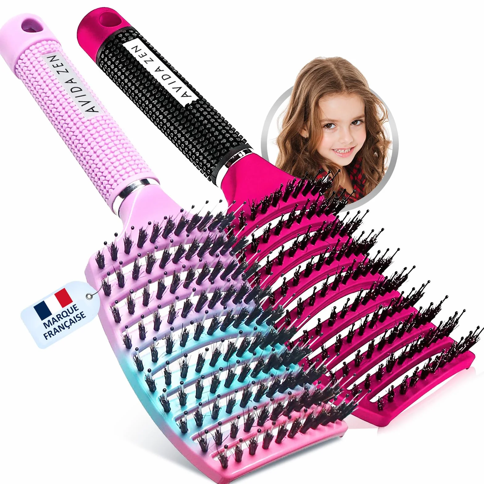 Brosse Poil de Sanglier 2 Brosses à Cheveux Démélant 100% Naturel Rose Arc-en-Ciel