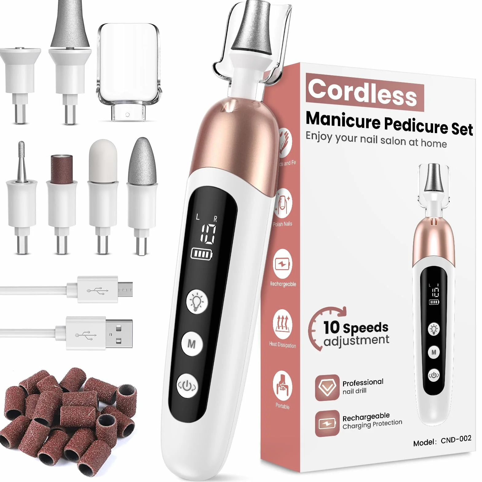Set de manucure/pédicure, Kit Manucure Pedicure Sans Fil, Ponceuse pour Ongles Professionnel avec Batterie, Kit de Soin des Ongles électrique avec 6 Embouts, Lumière LED, Lime a Ongle Electrique