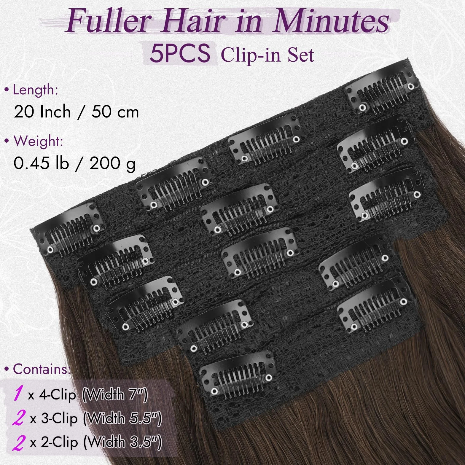 BARSDAR Extension Cheveux à Clips Foncé Brun, Longue Ondulées Extension à Clip Cheveux Naturel pour Femme 50cm 5PCS Tête Pleine Extensions Synthétique Postiche - Foncé Brun