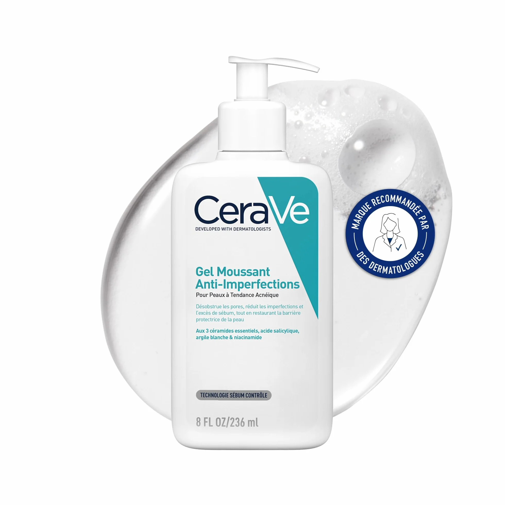 CeraVe Gel Moussant Anti-Imperfections Acide Salicylique Argile Blanche Céramides Niacinamide Peau Acnéique