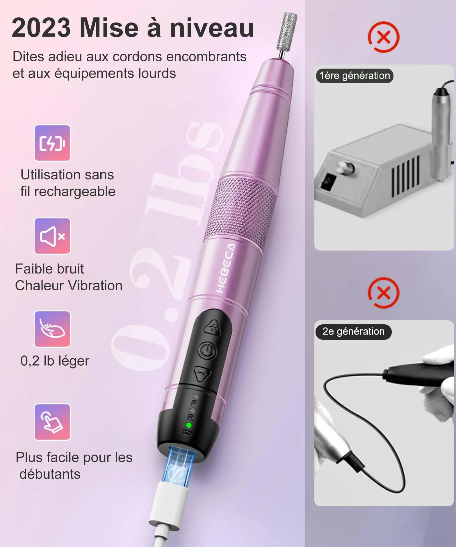 HEBECA Ponceuse pour ongles professionnel - 20000RPM Lime a Ongle Electrique Portable - Ponceuse Ongles sans fil Kit complet de Manucure et Pédicure Polyvalence (Rose)