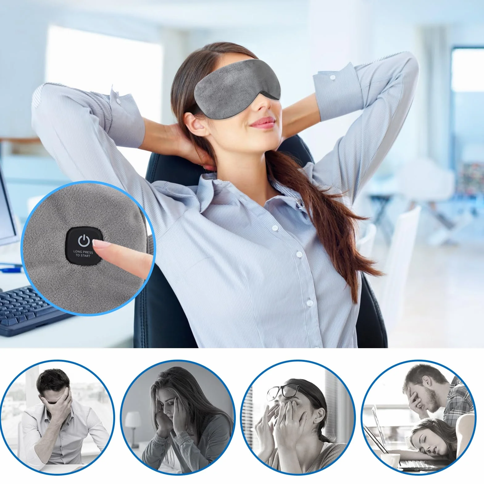 Lunettes chauffantes sans fil avec batterie sans fil - Masque chauffant pour les yeux - 3 niveaux de chaleur - Housse lavable - Pour les yeux secs et un meilleur sommeil