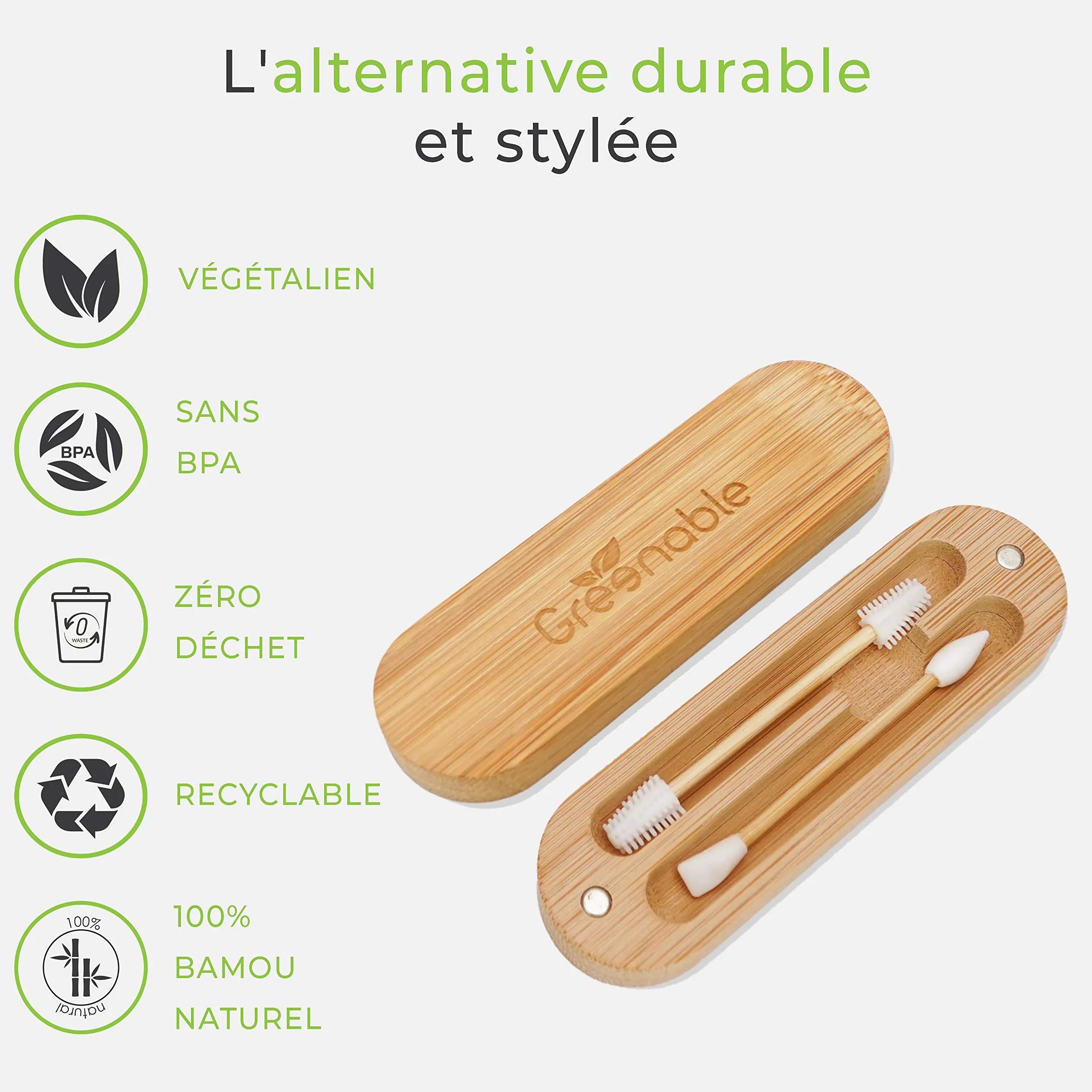 Greenable Coton-tiges en bambou et silicone réutilisables - Lot de 2 - Démaquillant beauté sans plastique - Vegan & sans BPA