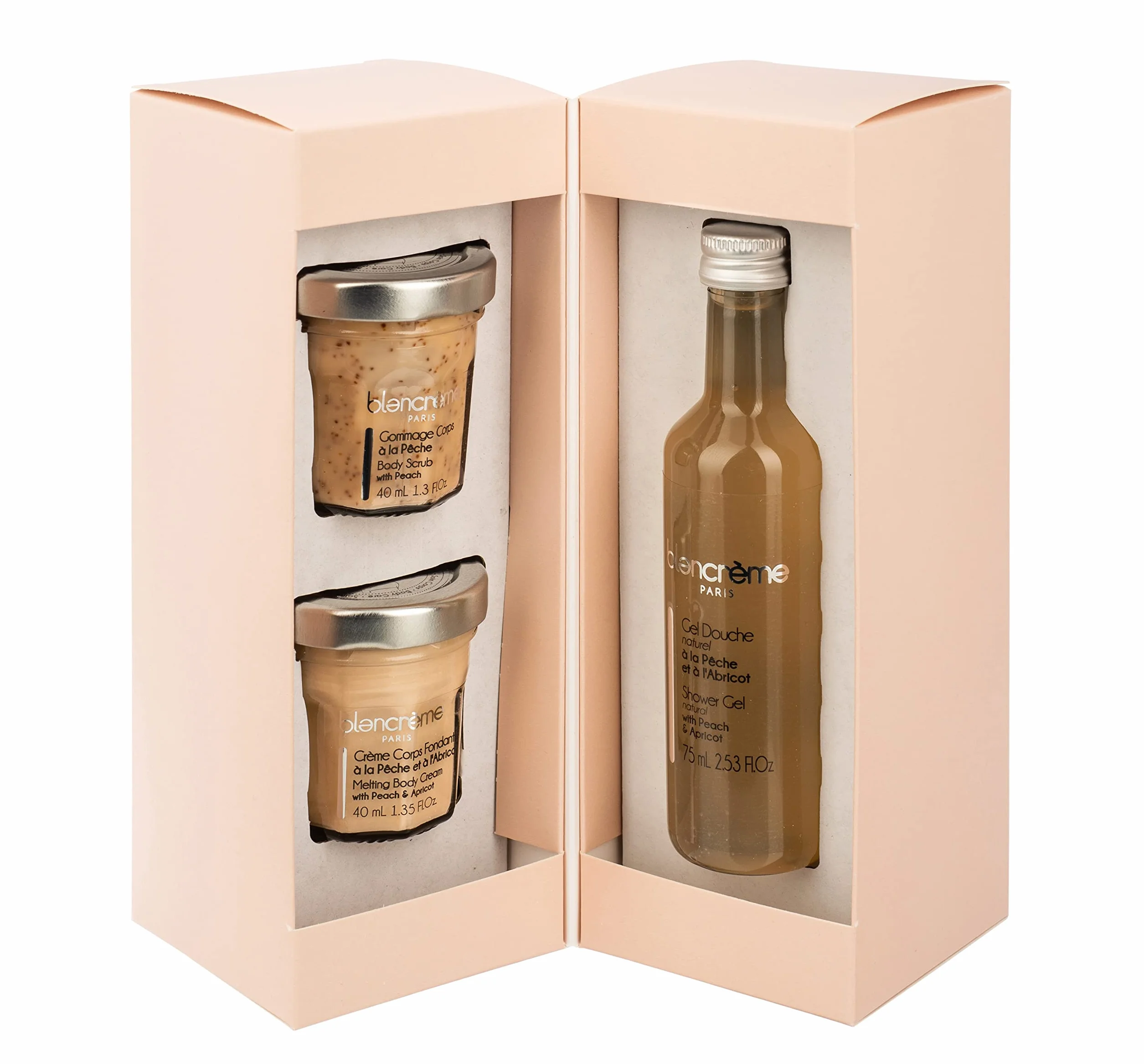 Coffret Cadeau Soins du Corps 99% naturel Pêche Abricot Gel douche Gommage Crème corps fondante