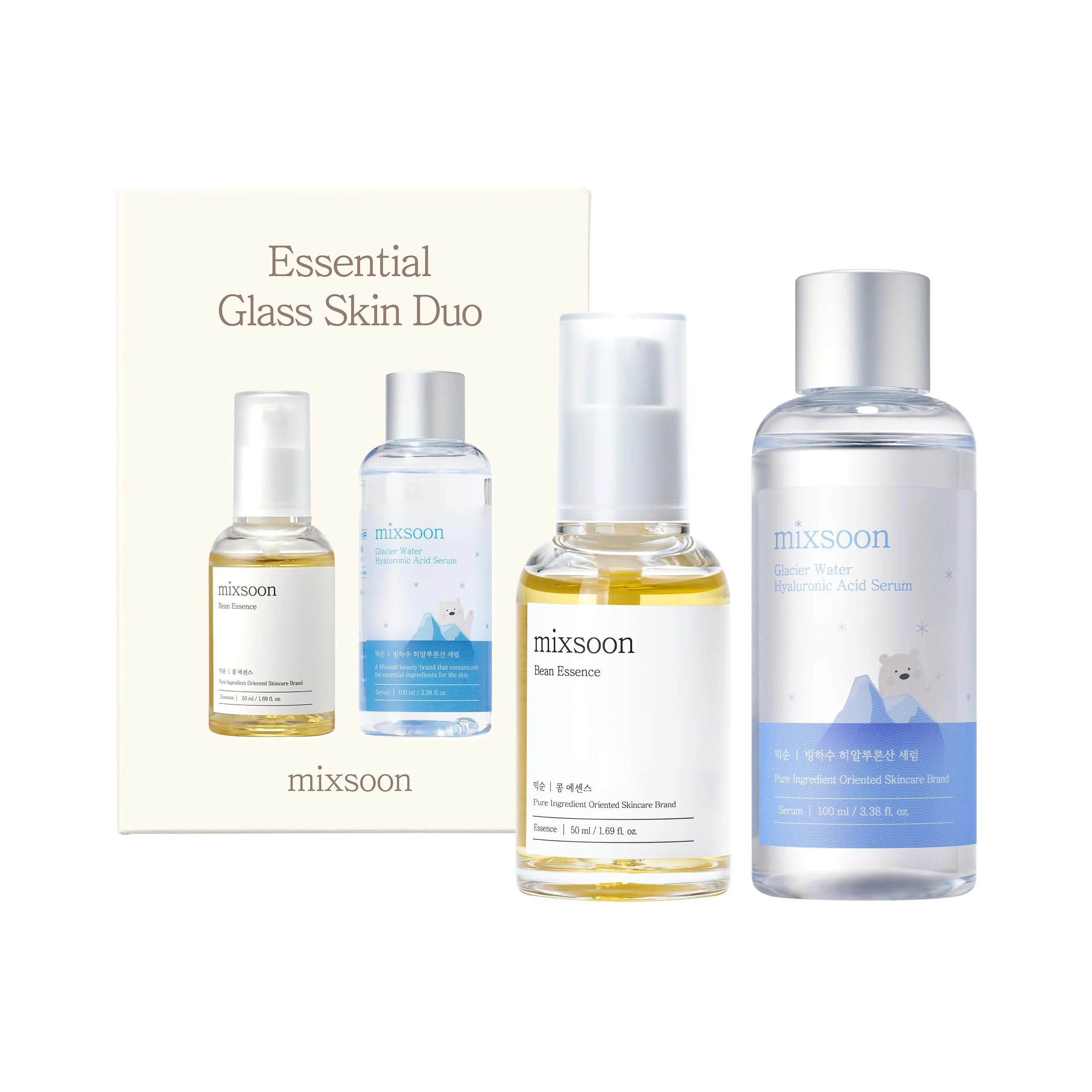 mixsoon Ensemble hydratant Essential Glass Skin Duo pour le soin de la peau coréenne (essence de haricot + sérum d'acide hyaluronique glacier water) blanc