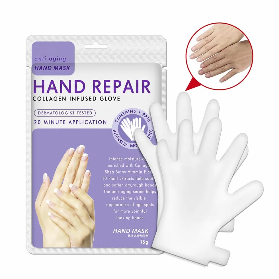 Gants Hydratants pour Mains avec Collagène, Sérum et Vitamines, 5 Paires, Lavande, Blanchissant Anti-âge