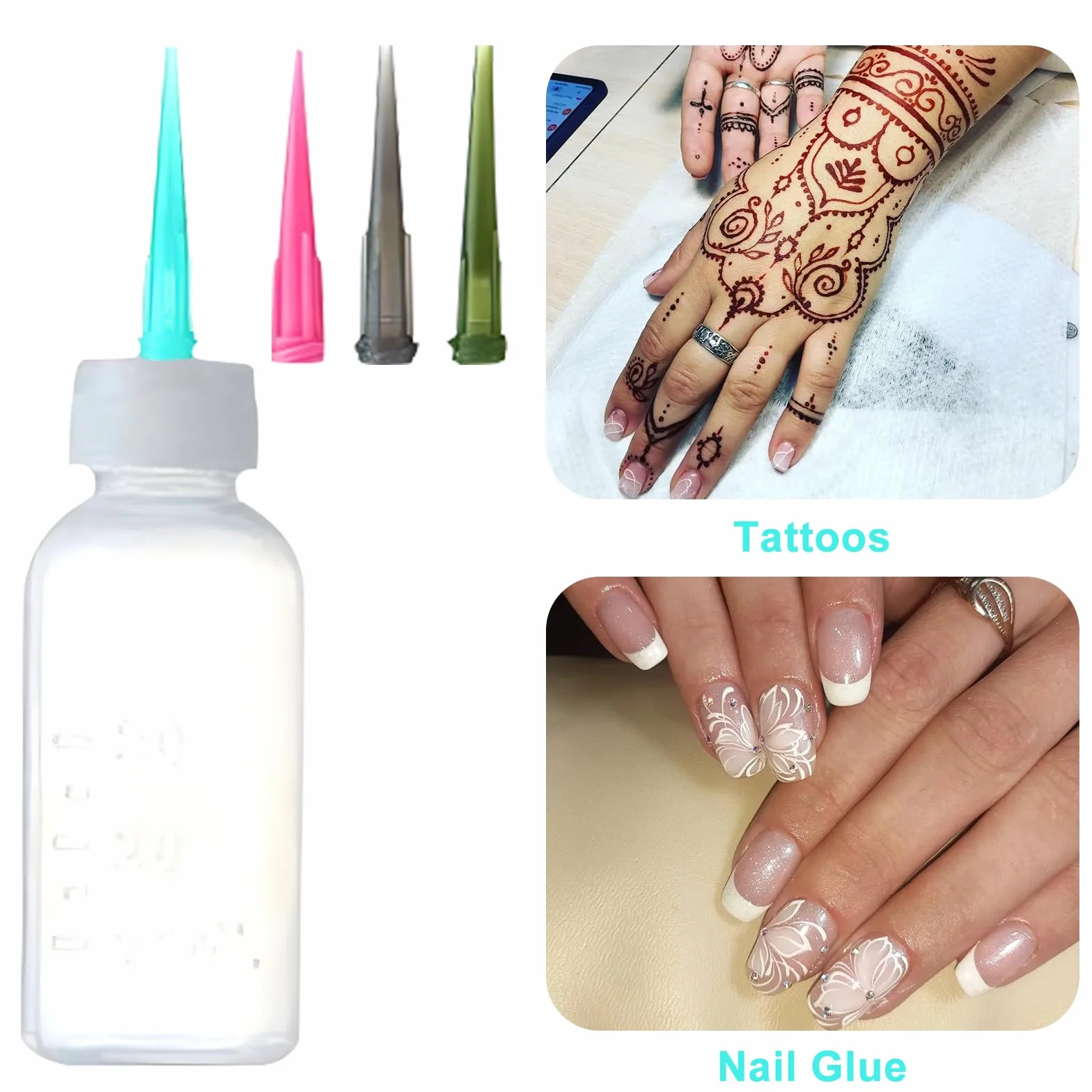 CAILI Bouteille en plastique de tatouage,Tip Precision Applicateur Set bouteilles Contient 2 bouteilles applicateurs vides avec 16 aiguilles Conseils