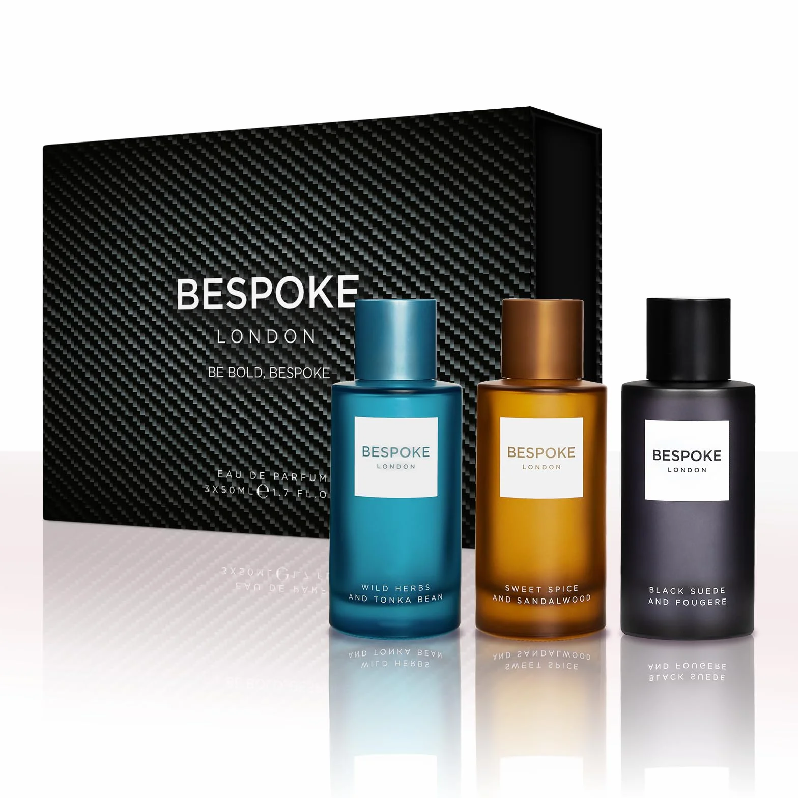 BESPOKE LONDON Coffret de Parfum Premium pour Homme, Daim noir, herbes sauvages, épices douces, Coffret mini parfum de voyage (3 x 50ml)