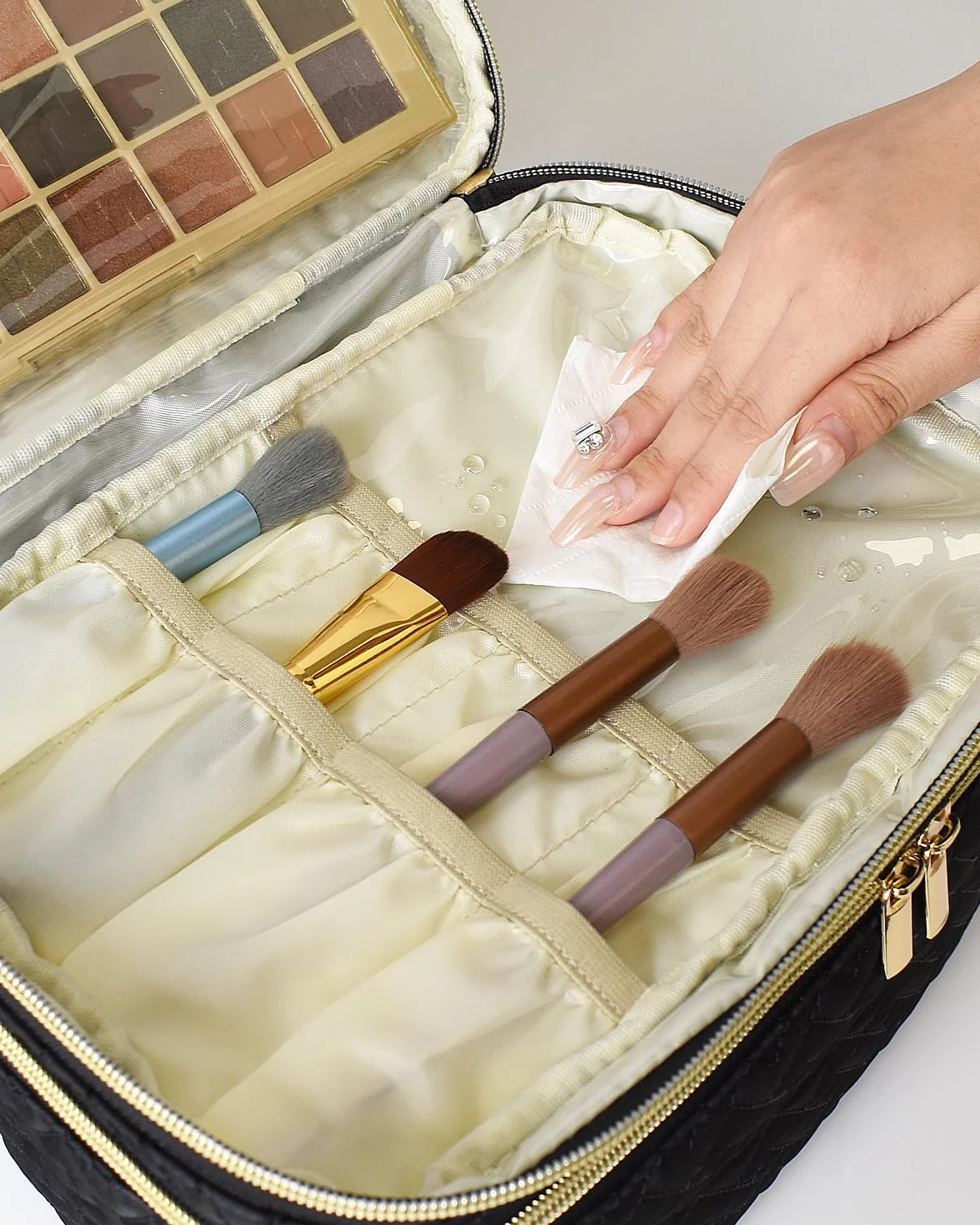 Trousse de Toilette Femme Grande Double Couche avec Compartiment à Pinceaux, Résistante à l'Eau, Noir