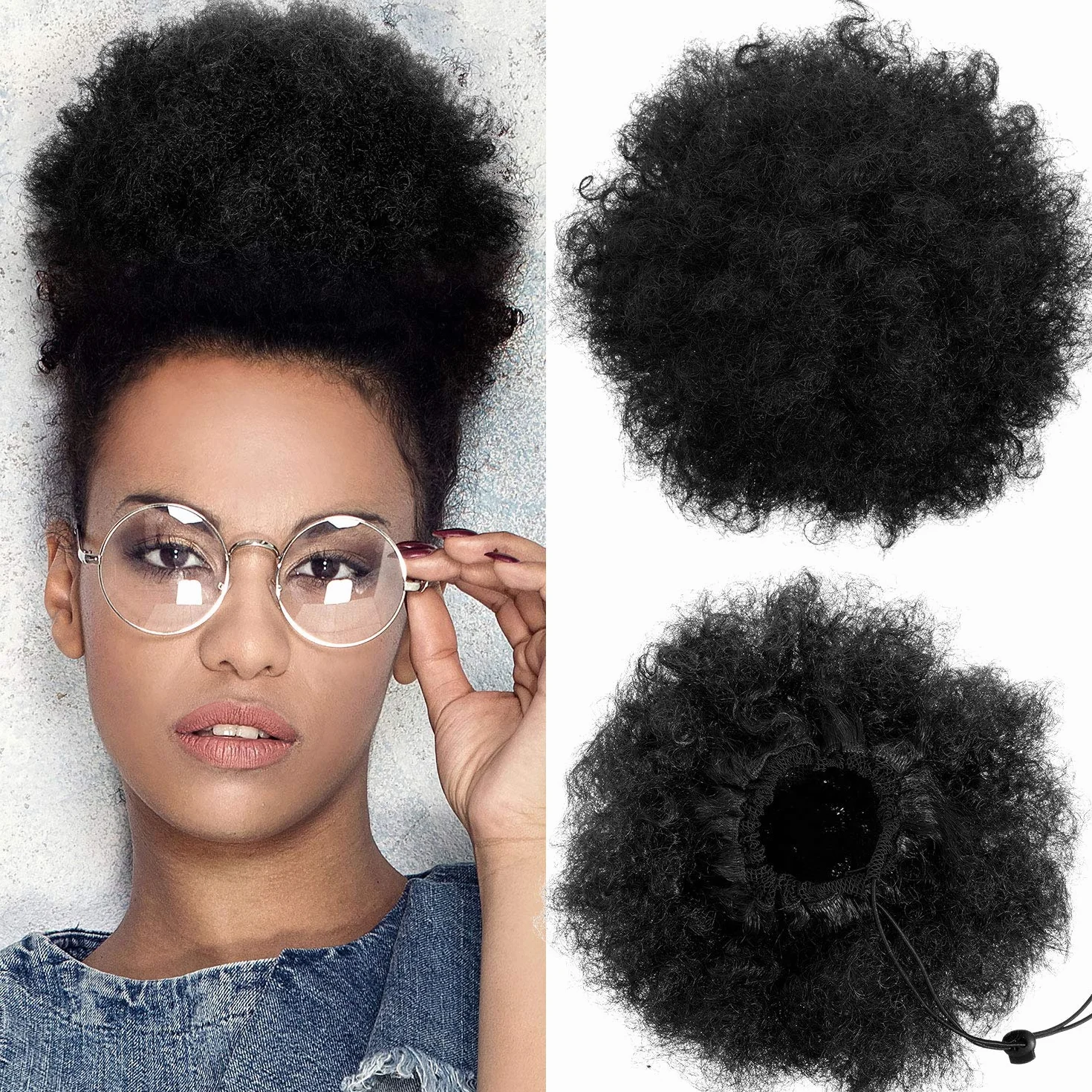 2 Pièces Afro Puff Queue de Cheval à Cordon Courts Bouclés Synthétiques Extension Postiches Extensions de Cheveux Chignon Perruque