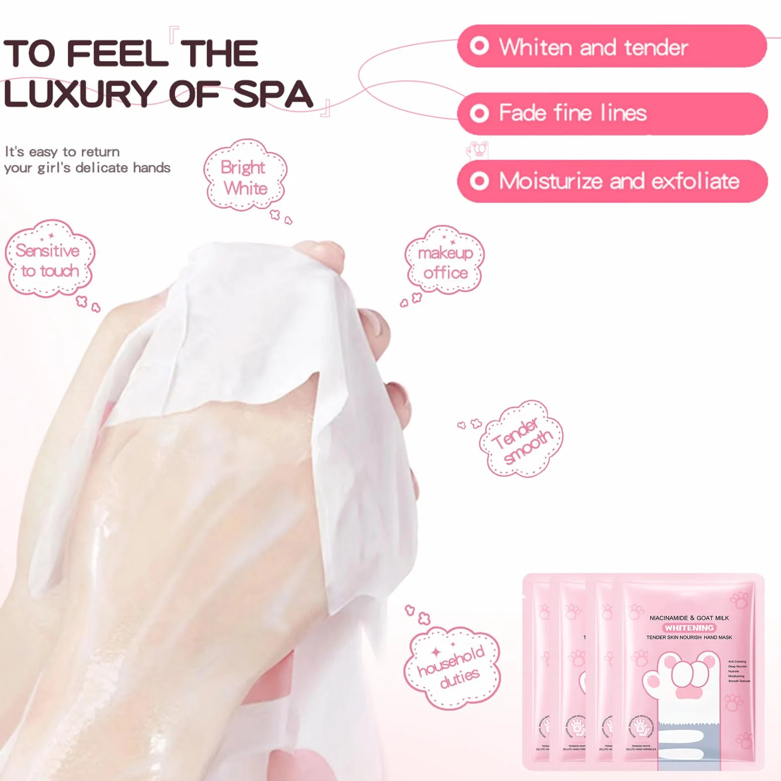 Lot de 8 paires de gants de soin pour les mains, masque hydratant niacinamide lait de chèvre